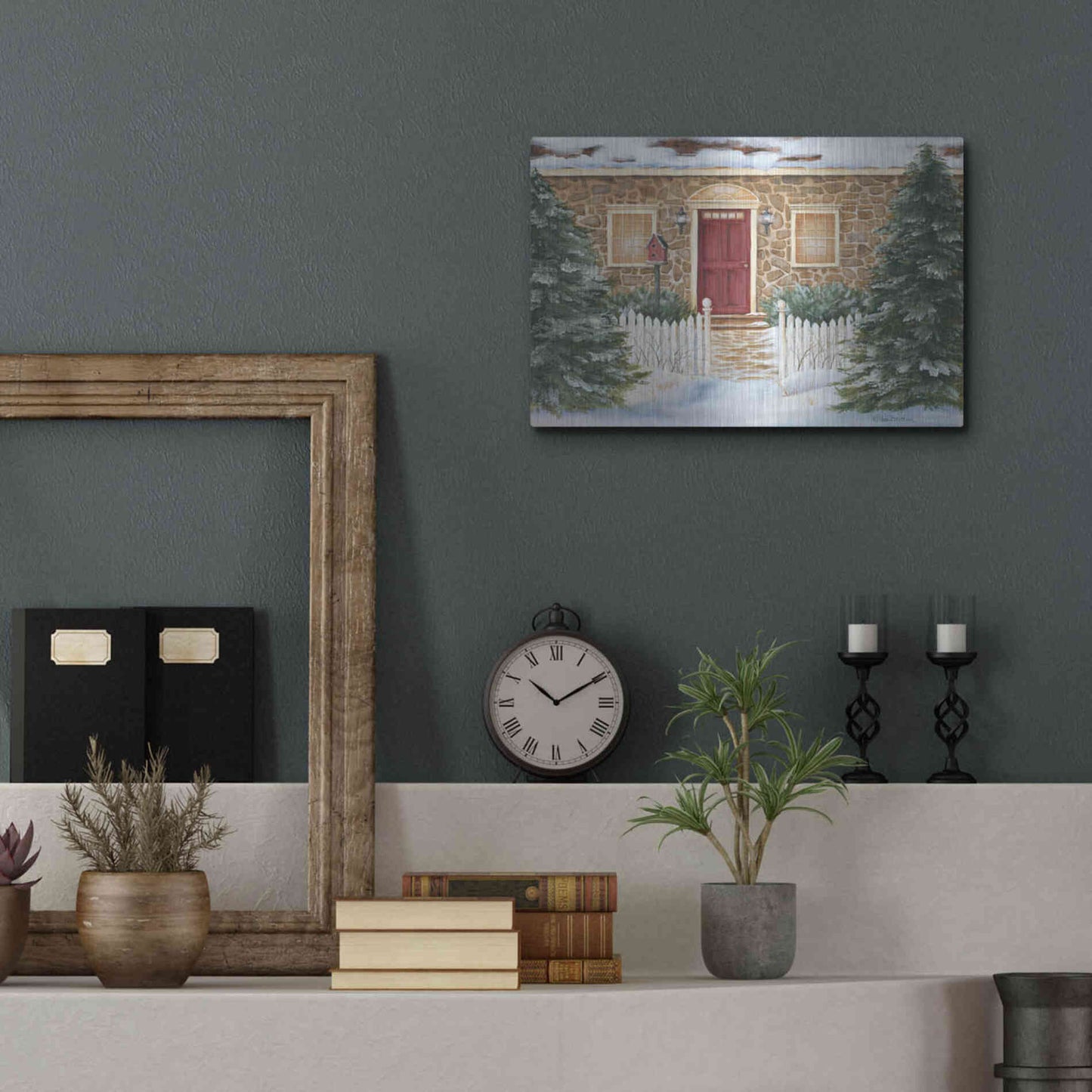 Luxe Metal Art 'Stone Cottage Winter Beauty' by Pam Britton, Metal Wall Art,16x12