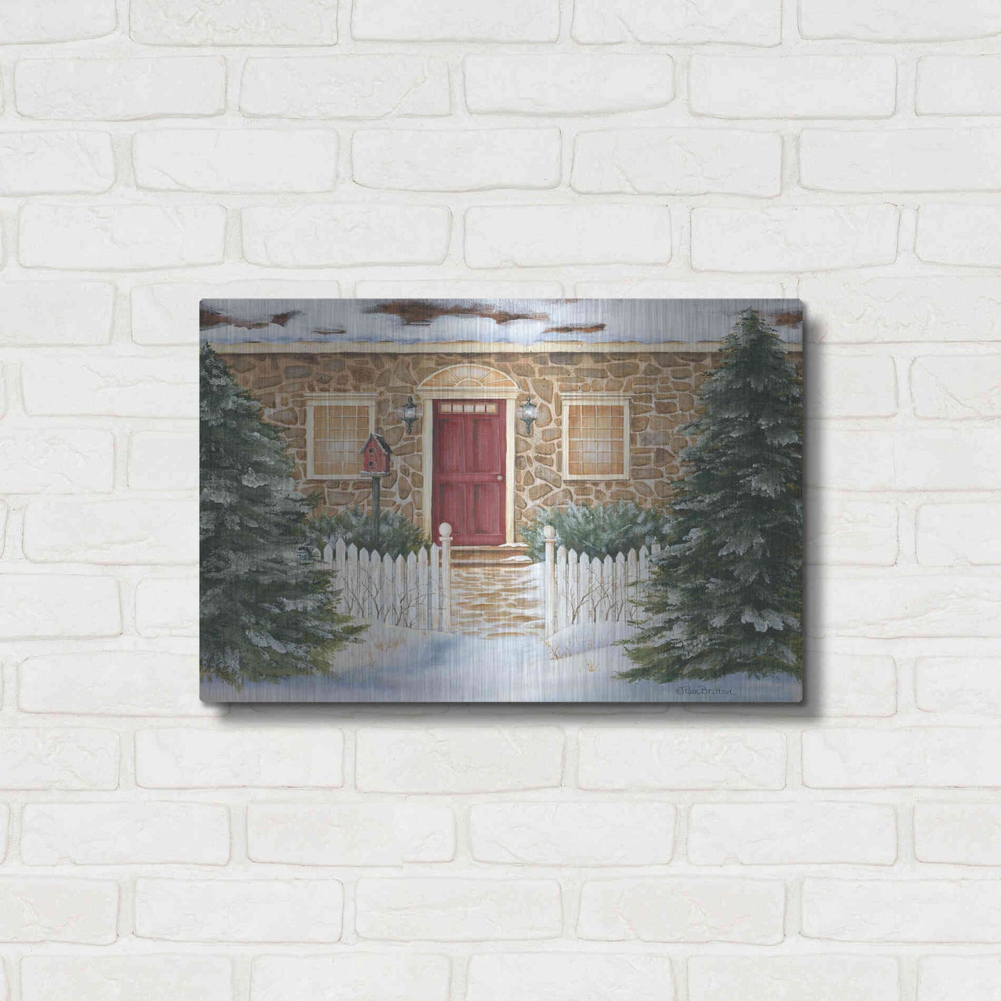 Luxe Metal Art 'Stone Cottage Winter Beauty' by Pam Britton, Metal Wall Art,24x16