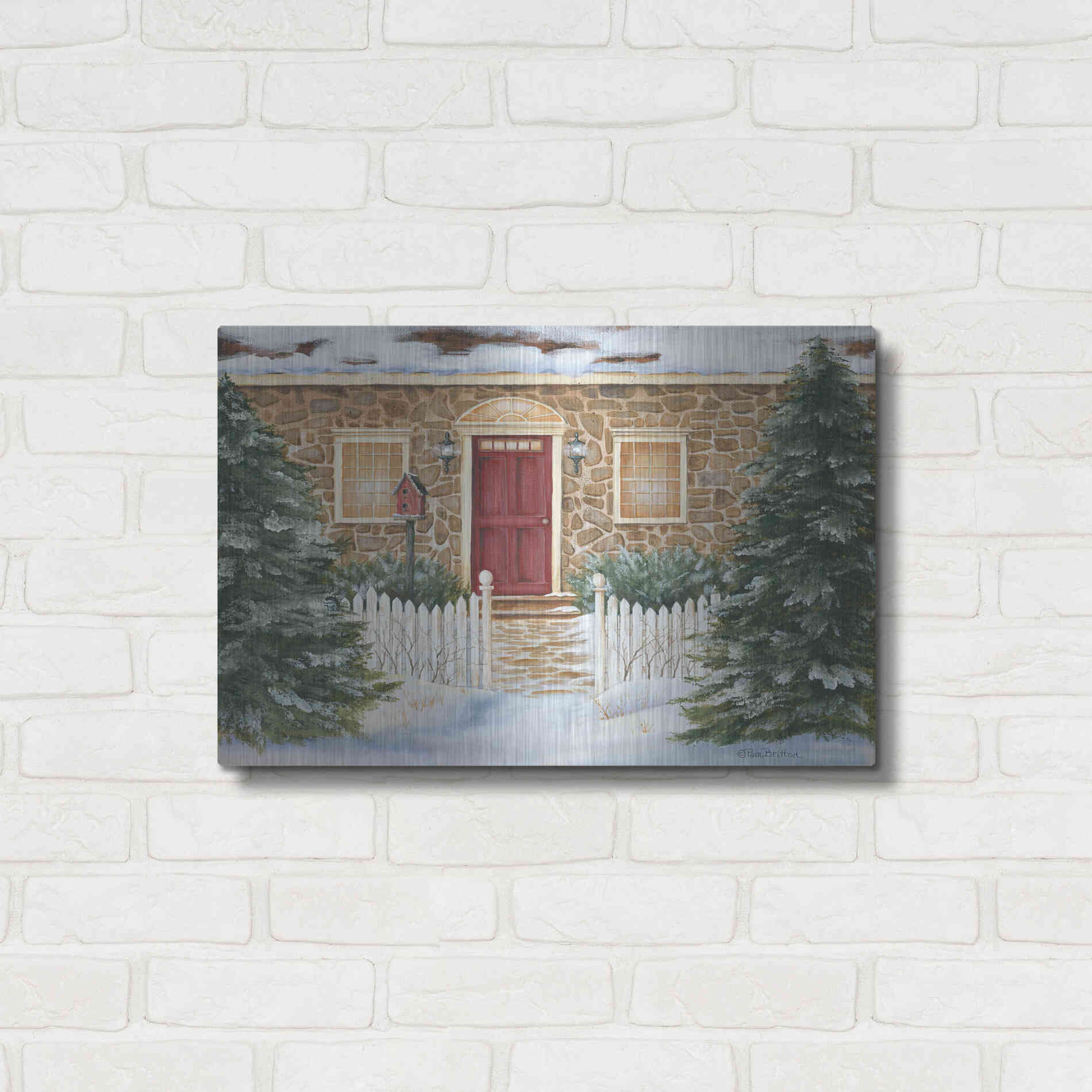 Luxe Metal Art 'Stone Cottage Winter Beauty' by Pam Britton, Metal Wall Art,24x16