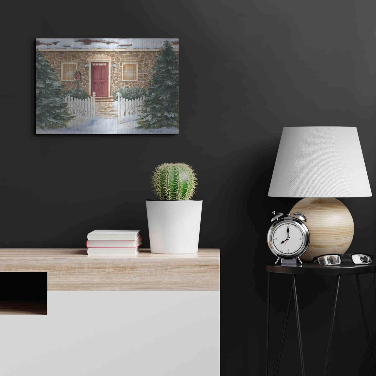 Luxe Metal Art 'Stone Cottage Winter Beauty' by Pam Britton, Metal Wall Art,24x16