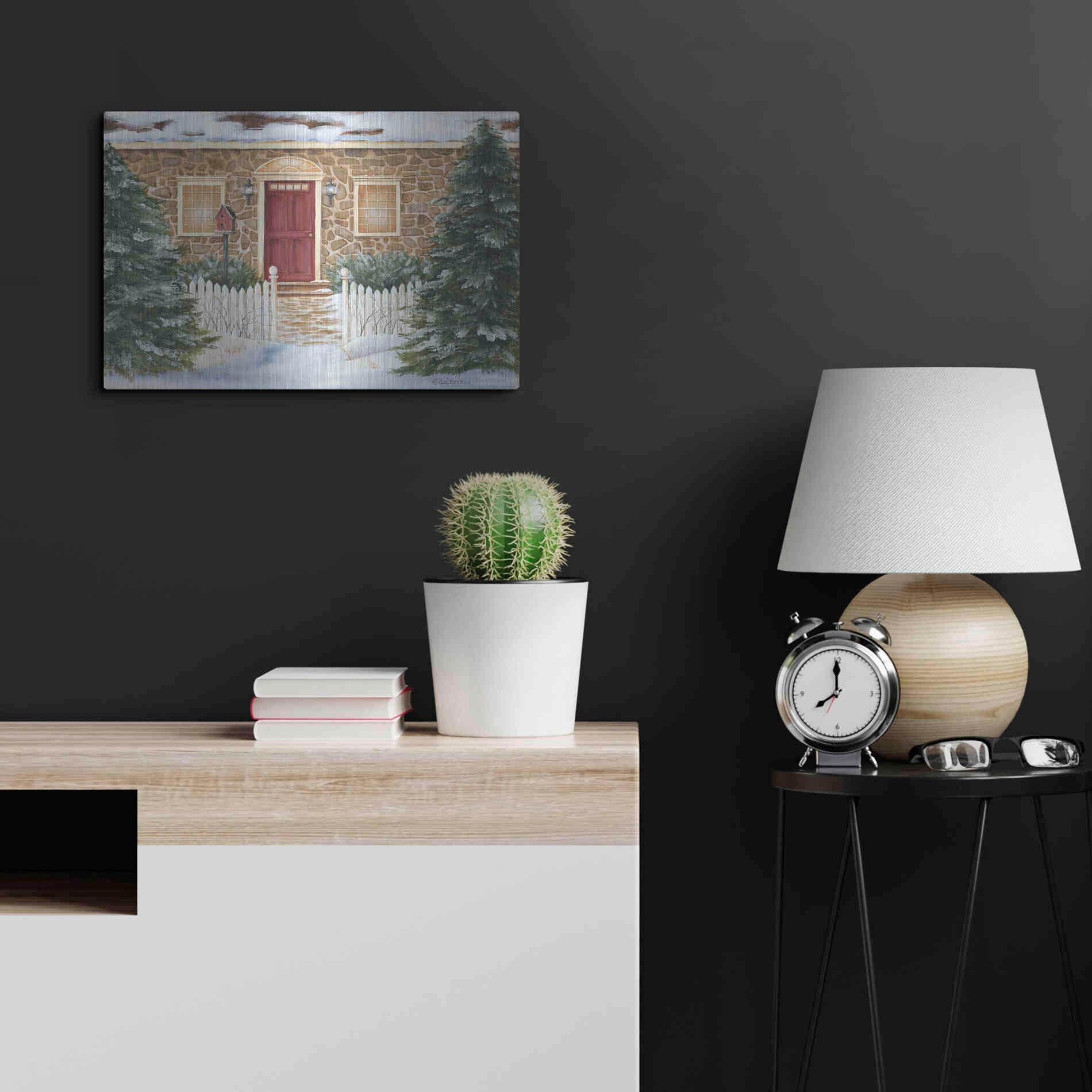 Luxe Metal Art 'Stone Cottage Winter Beauty' by Pam Britton, Metal Wall Art,24x16