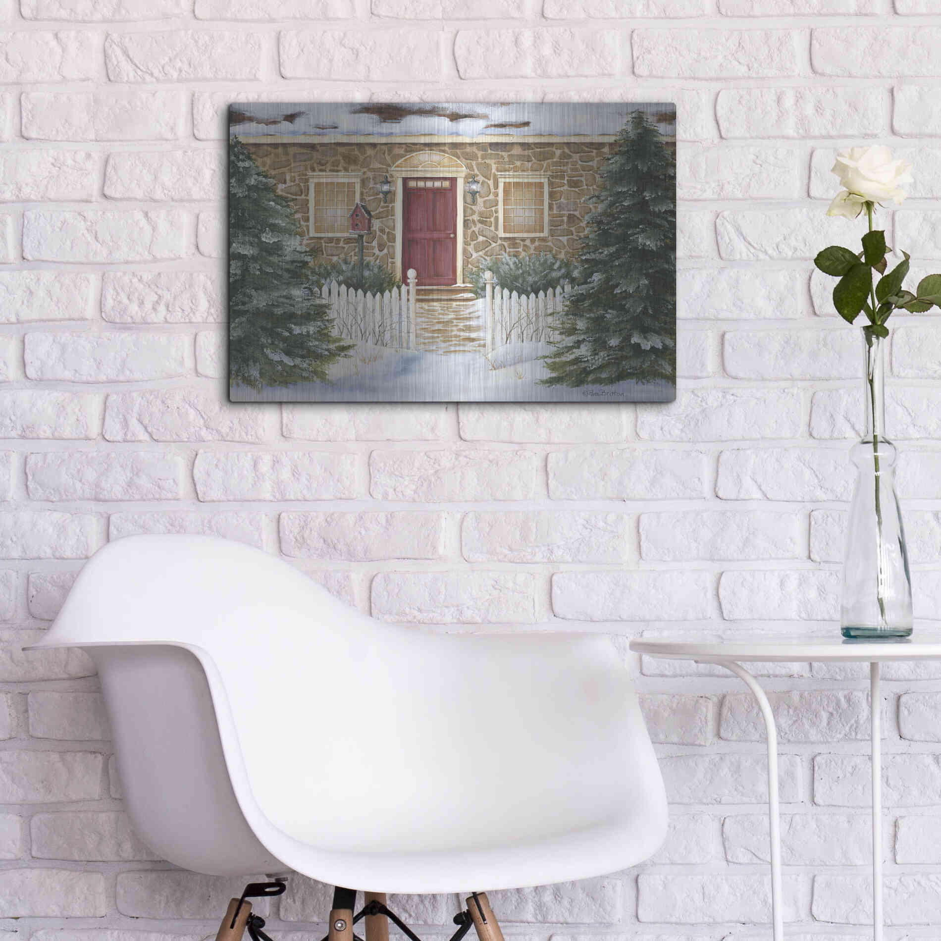 Luxe Metal Art 'Stone Cottage Winter Beauty' by Pam Britton, Metal Wall Art,24x16
