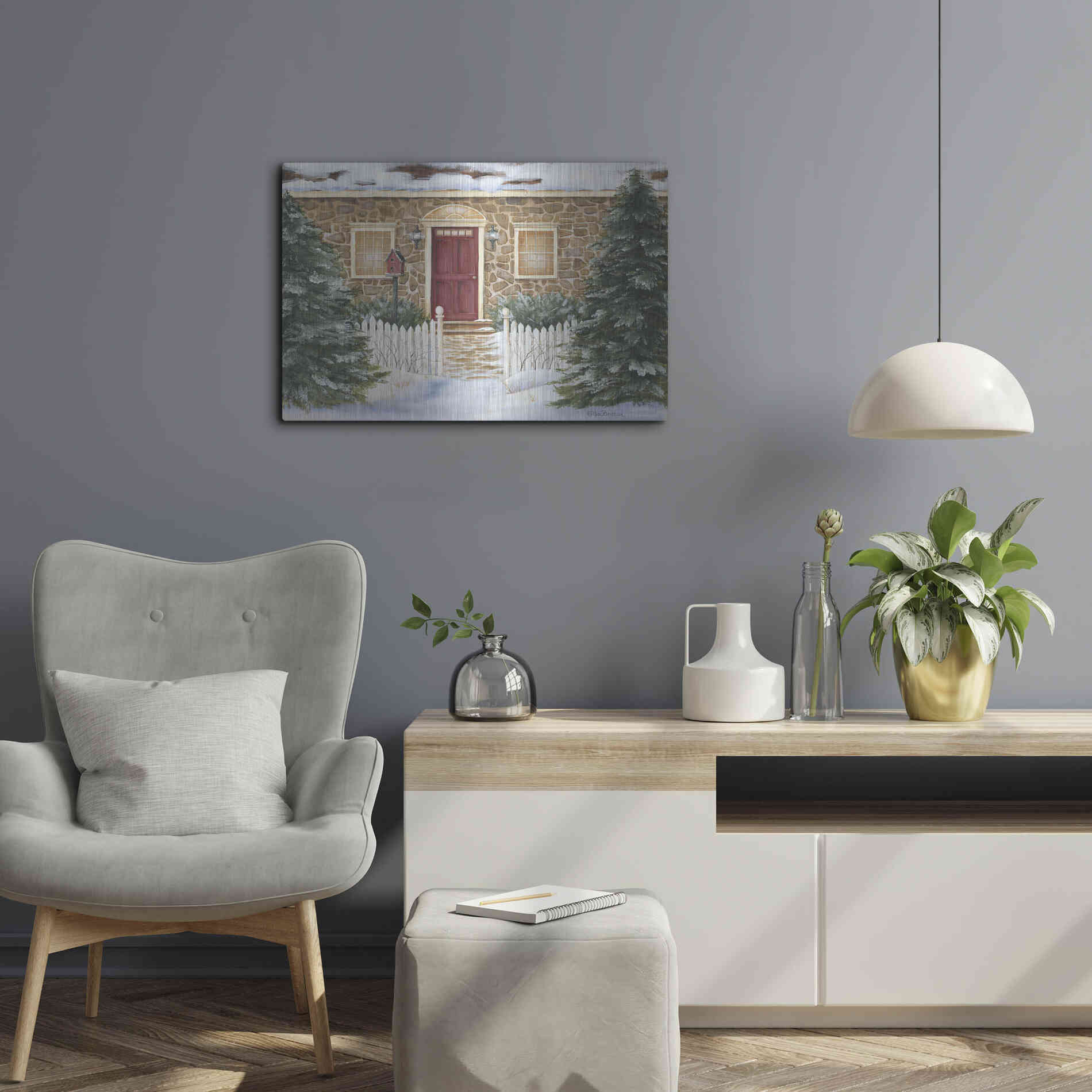 Luxe Metal Art 'Stone Cottage Winter Beauty' by Pam Britton, Metal Wall Art,24x16
