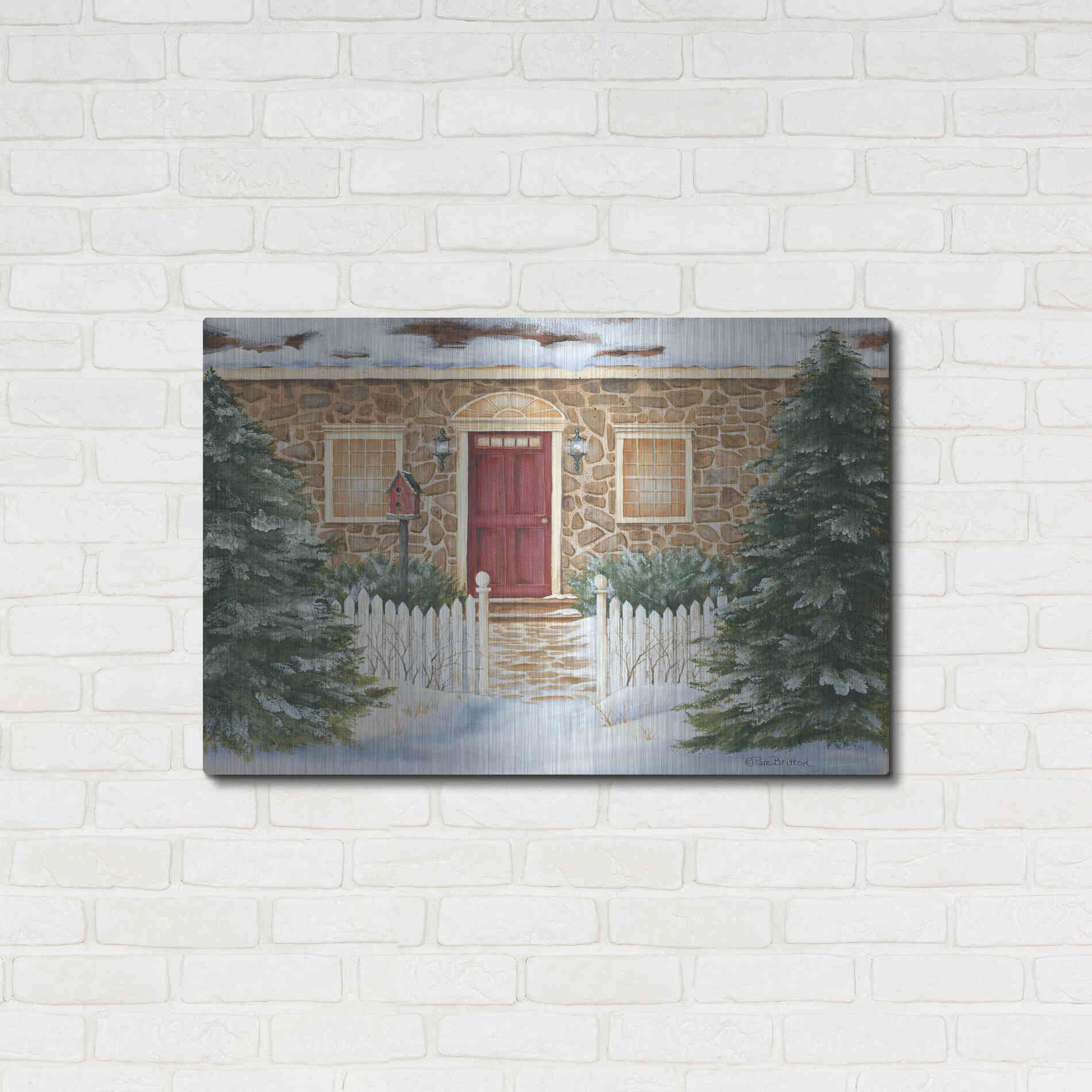 Luxe Metal Art 'Stone Cottage Winter Beauty' by Pam Britton, Metal Wall Art,36x24