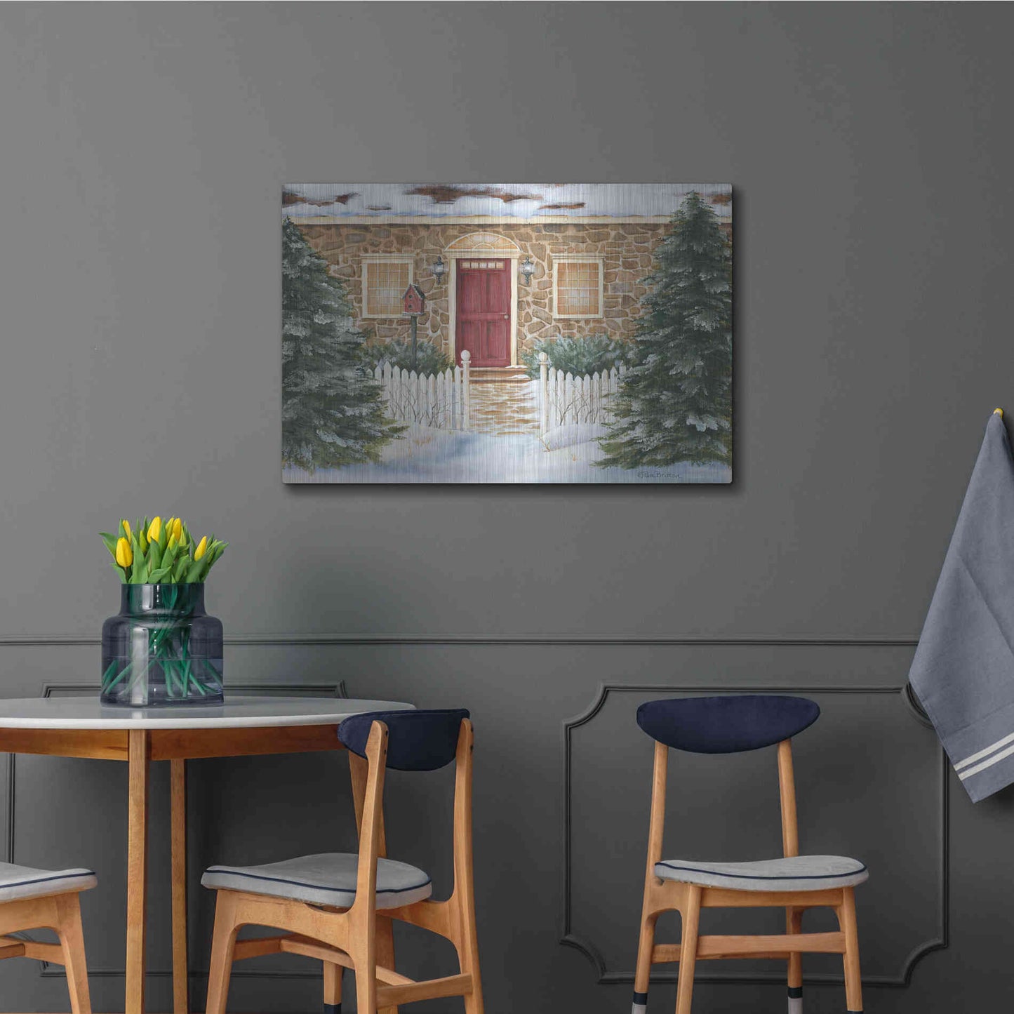 Luxe Metal Art 'Stone Cottage Winter Beauty' by Pam Britton, Metal Wall Art,36x24
