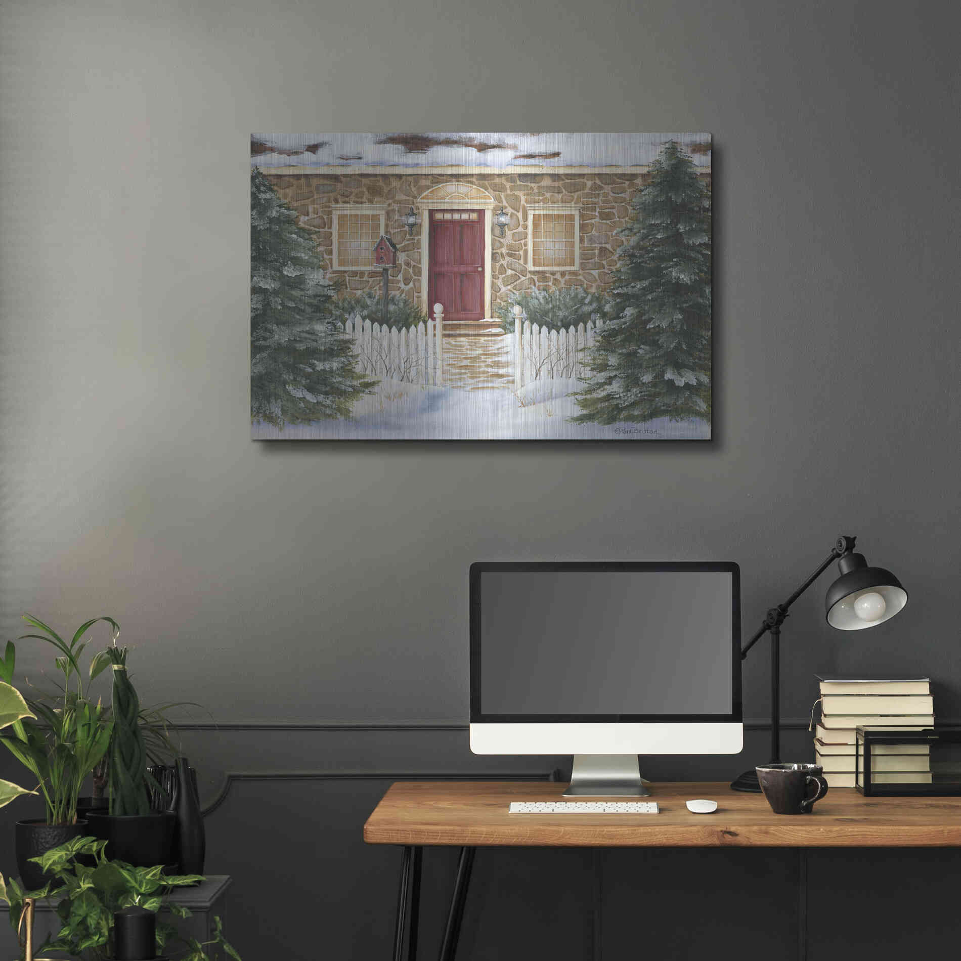 Luxe Metal Art 'Stone Cottage Winter Beauty' by Pam Britton, Metal Wall Art,36x24