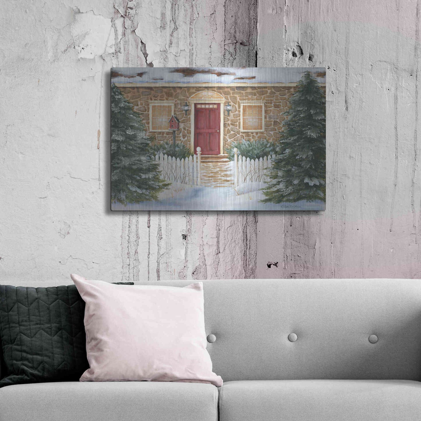 Luxe Metal Art 'Stone Cottage Winter Beauty' by Pam Britton, Metal Wall Art,36x24