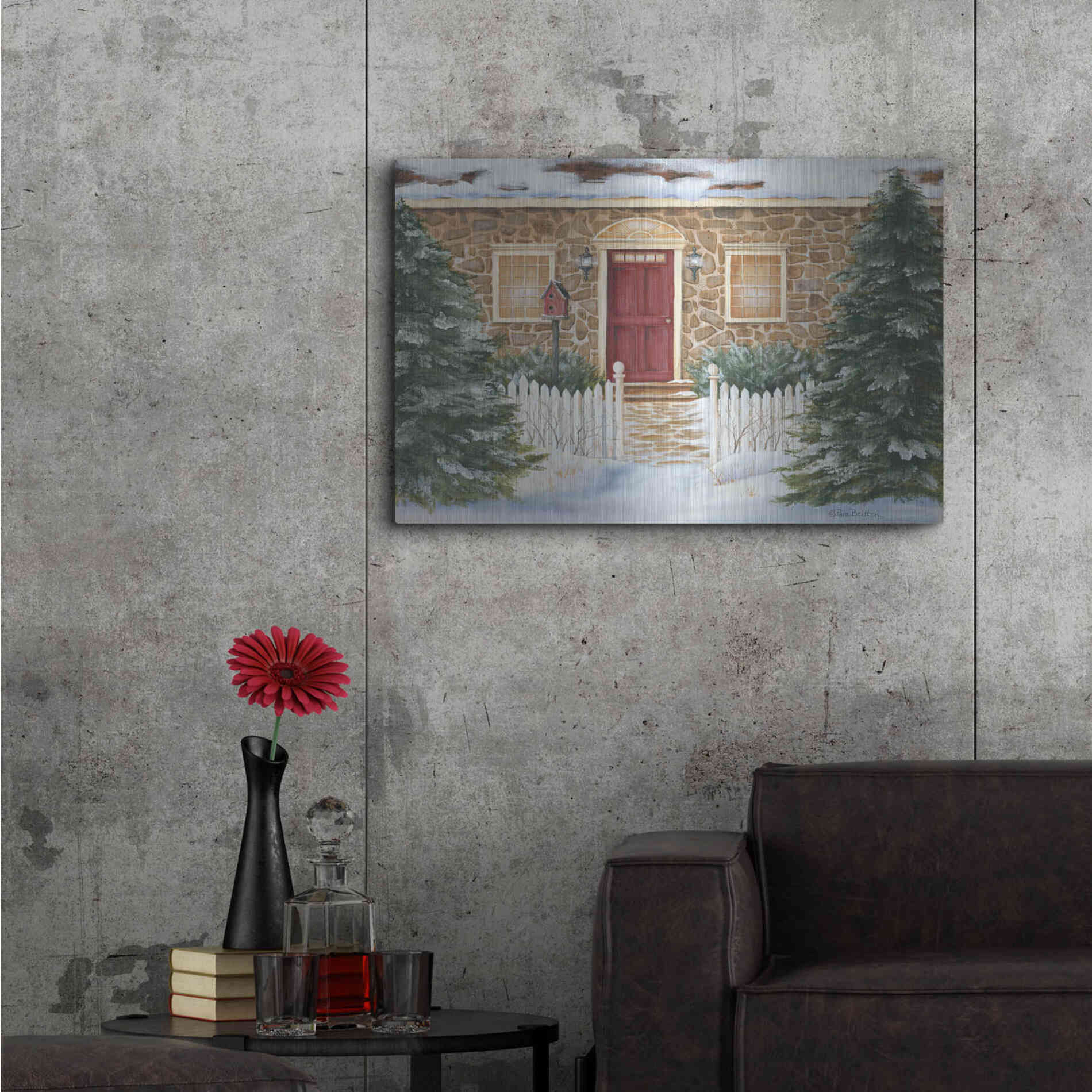Luxe Metal Art 'Stone Cottage Winter Beauty' by Pam Britton, Metal Wall Art,36x24