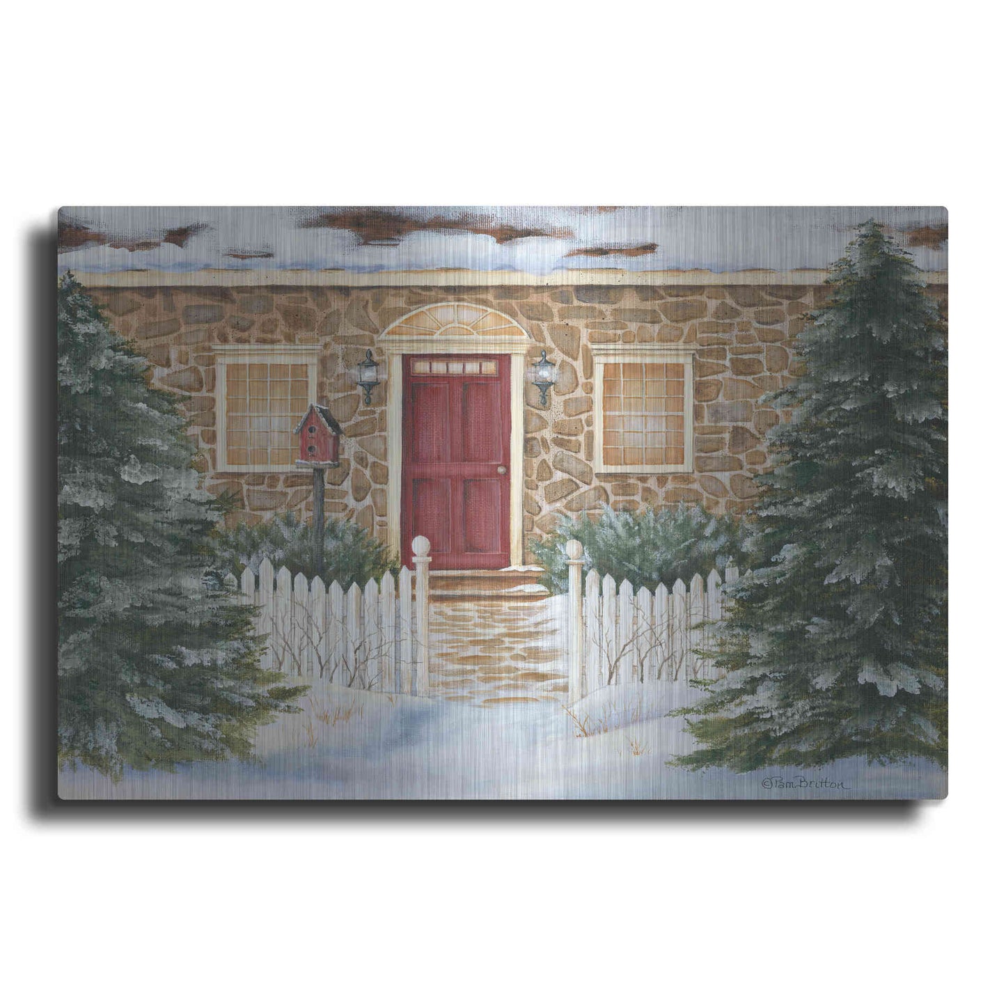 Luxe Metal Art 'Stone Cottage Winter Beauty' by Pam Britton, Metal Wall Art