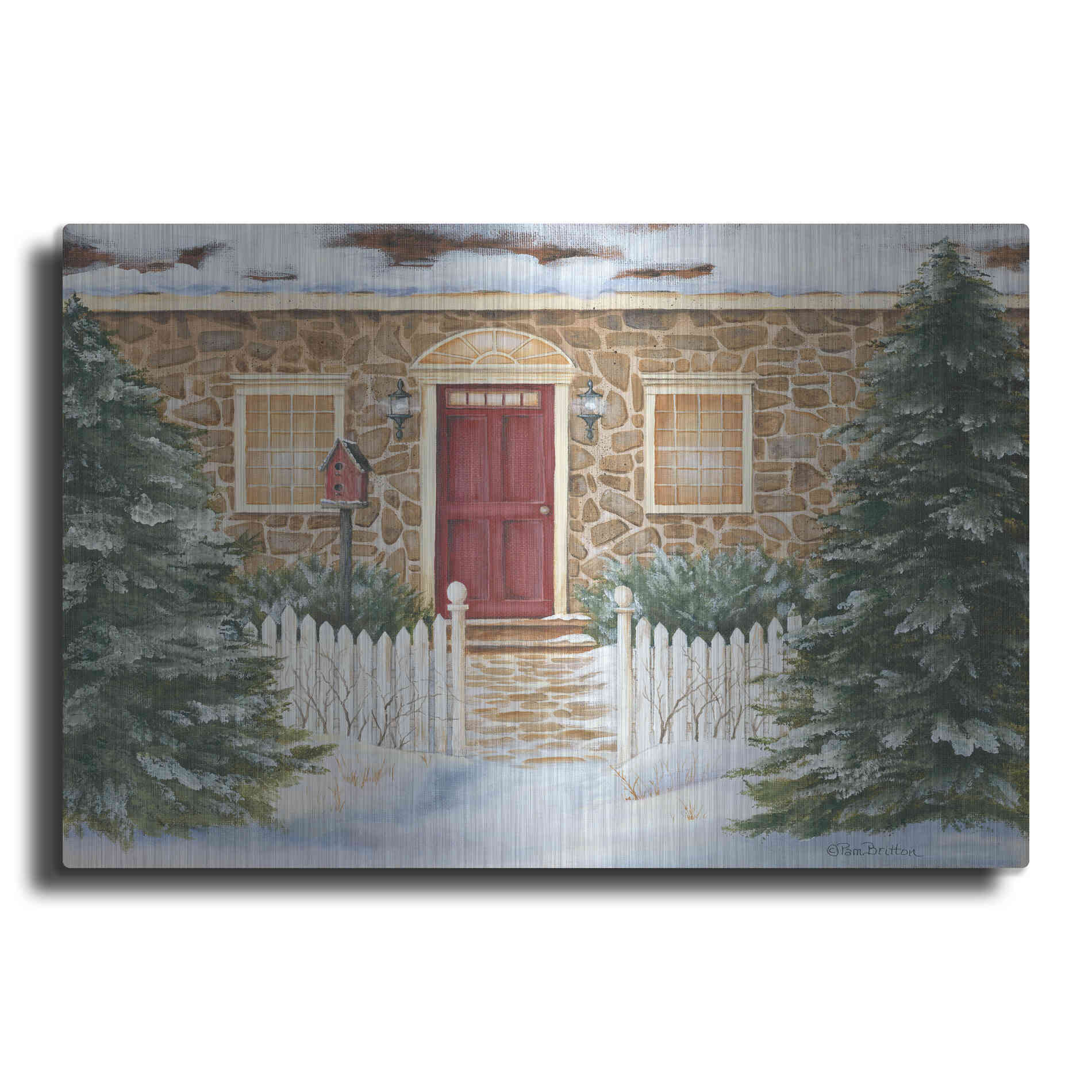 Luxe Metal Art 'Stone Cottage Winter Beauty' by Pam Britton, Metal Wall Art