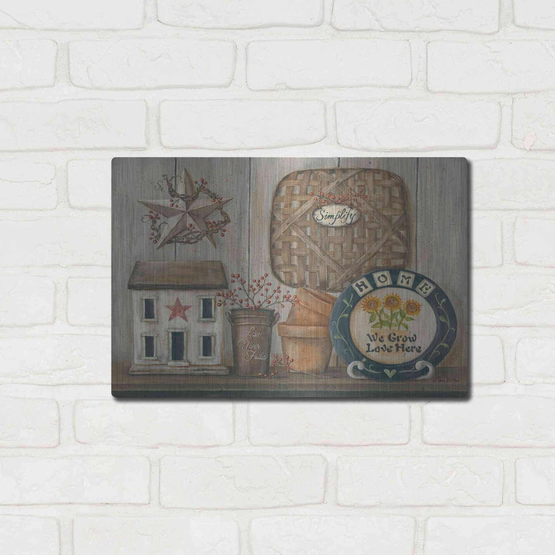 Luxe Metal Art 'Home Country Shelf' by Pam Britton, Metal Wall Art,16x12
