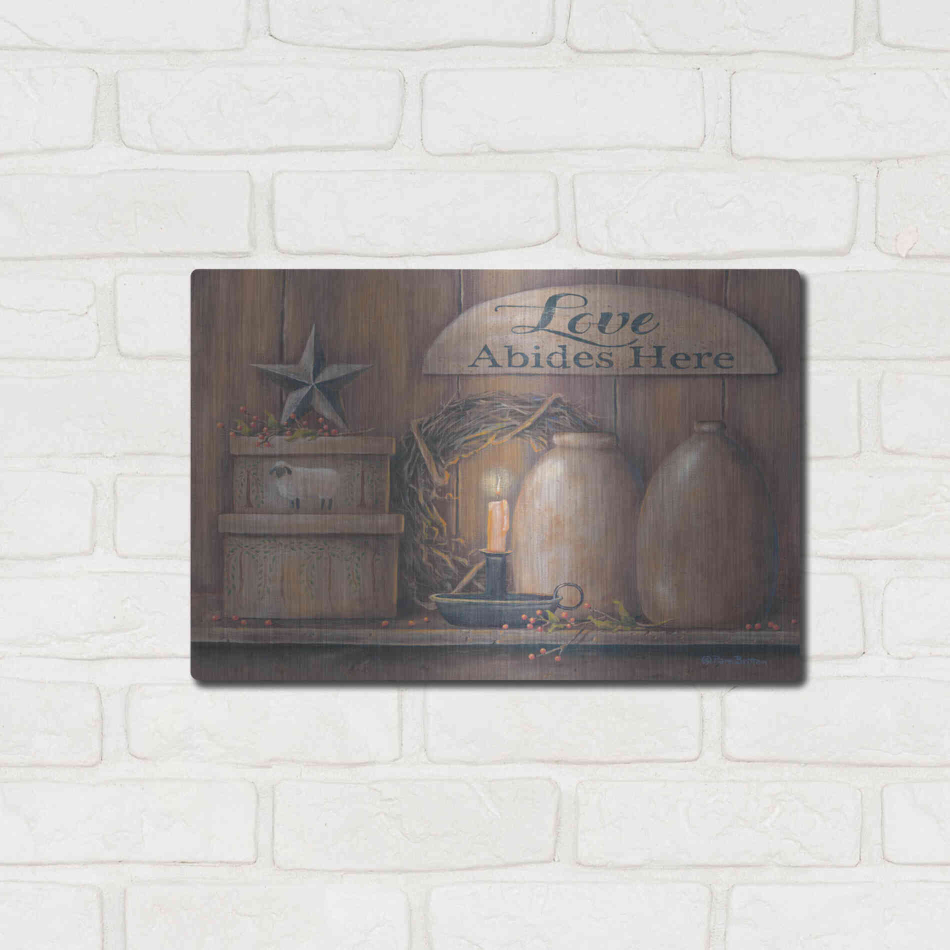 Luxe Metal Art 'Love Abides Here Shelf' by Pam Britton, Metal Wall Art,16x12