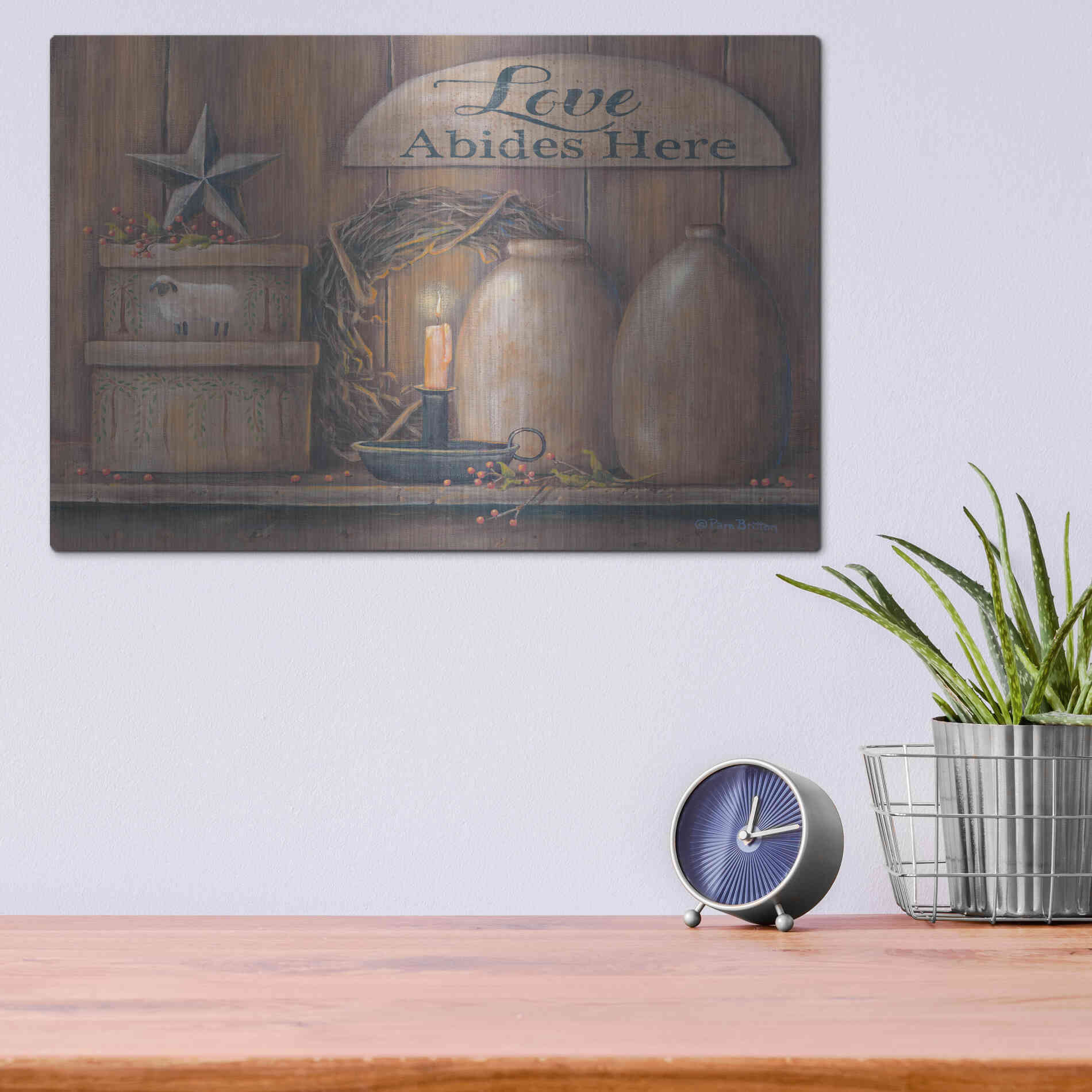 Luxe Metal Art 'Love Abides Here Shelf' by Pam Britton, Metal Wall Art,16x12