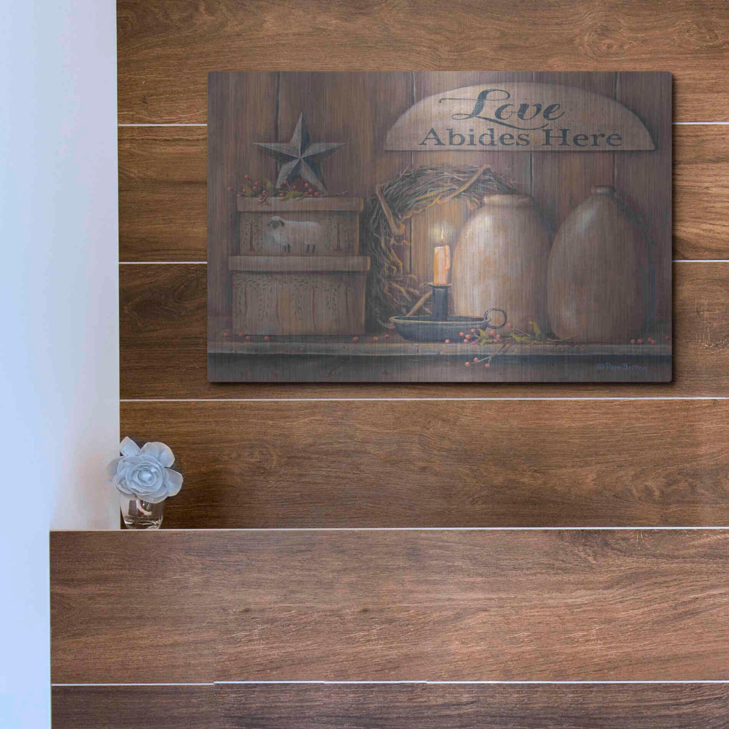Luxe Metal Art 'Love Abides Here Shelf' by Pam Britton, Metal Wall Art,16x12