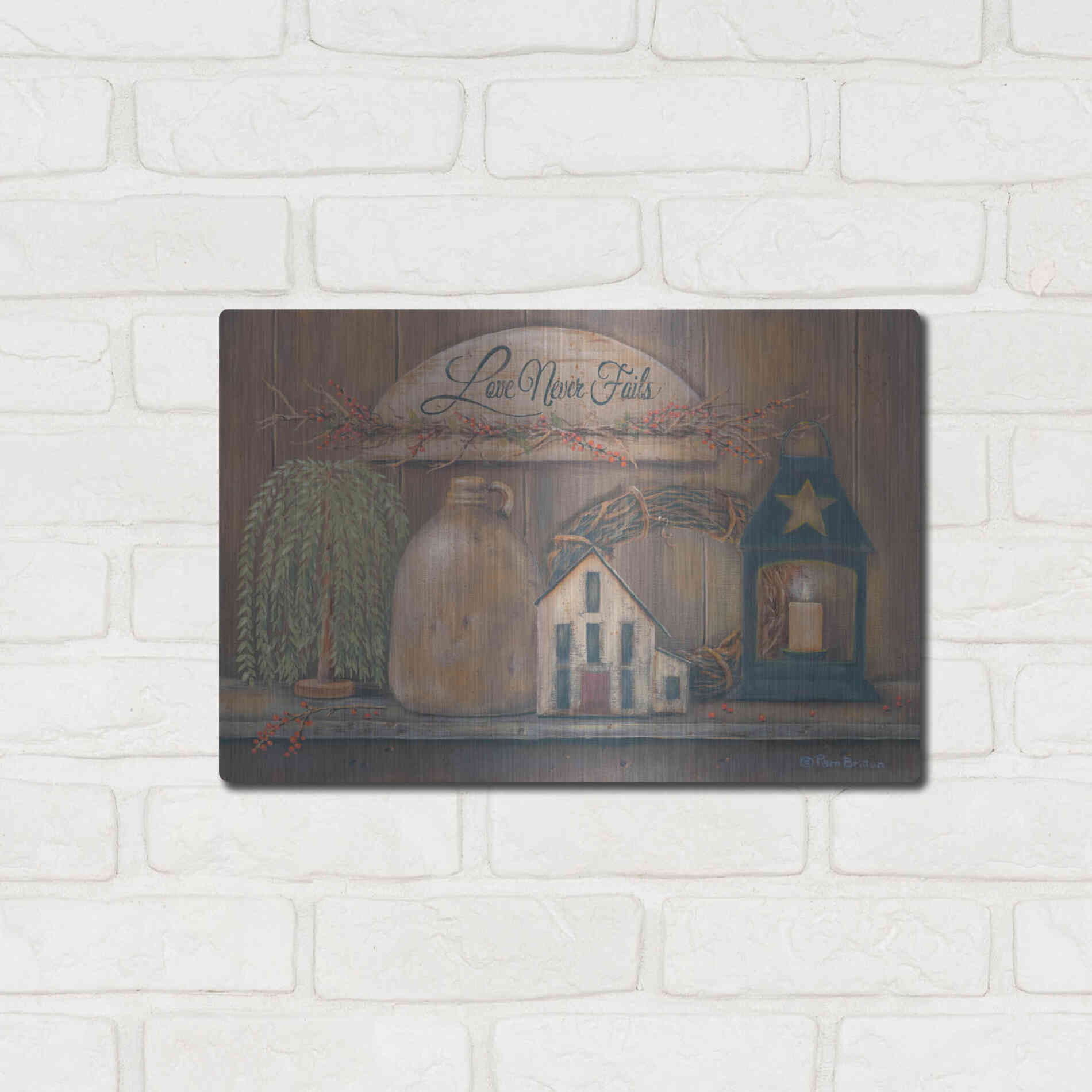 Luxe Metal Art 'Love Never Fails Shelf' by Pam Britton, Metal Wall Art,16x12