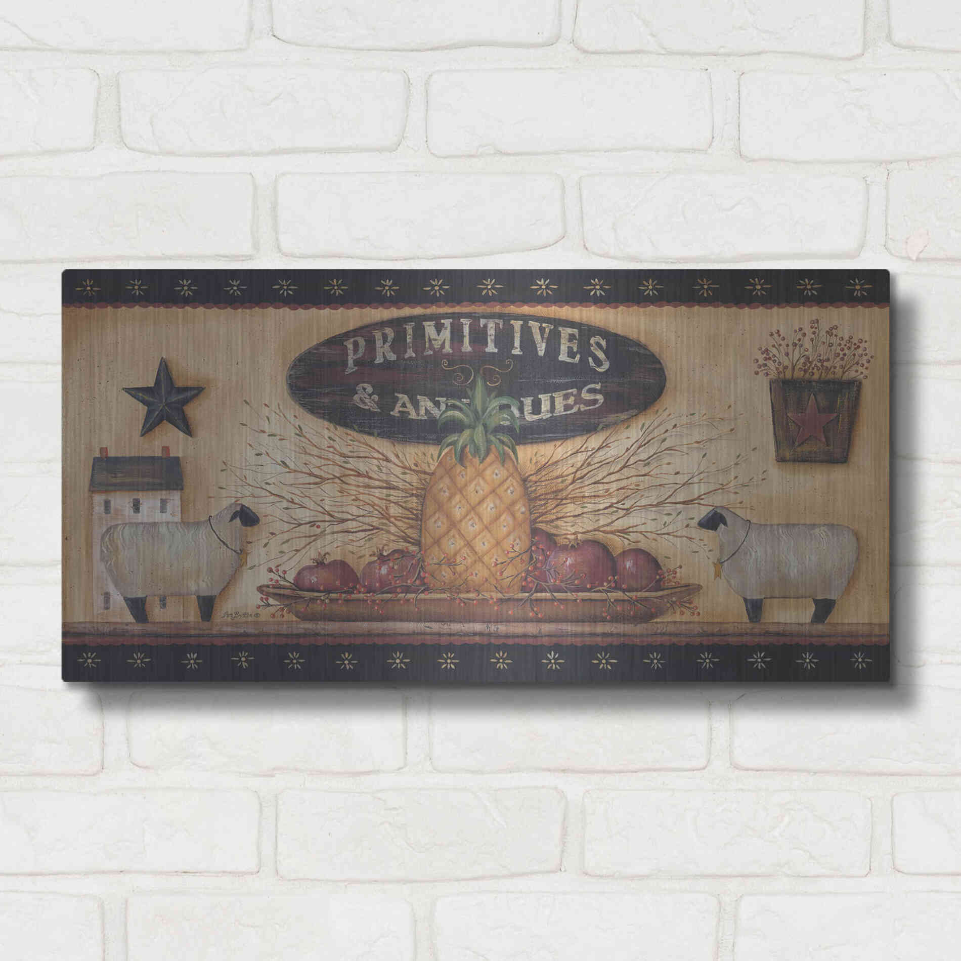 Luxe Metal Art 'Primitives & Antiques Shelf' by Pam Britton, Metal Wall Art,24x12