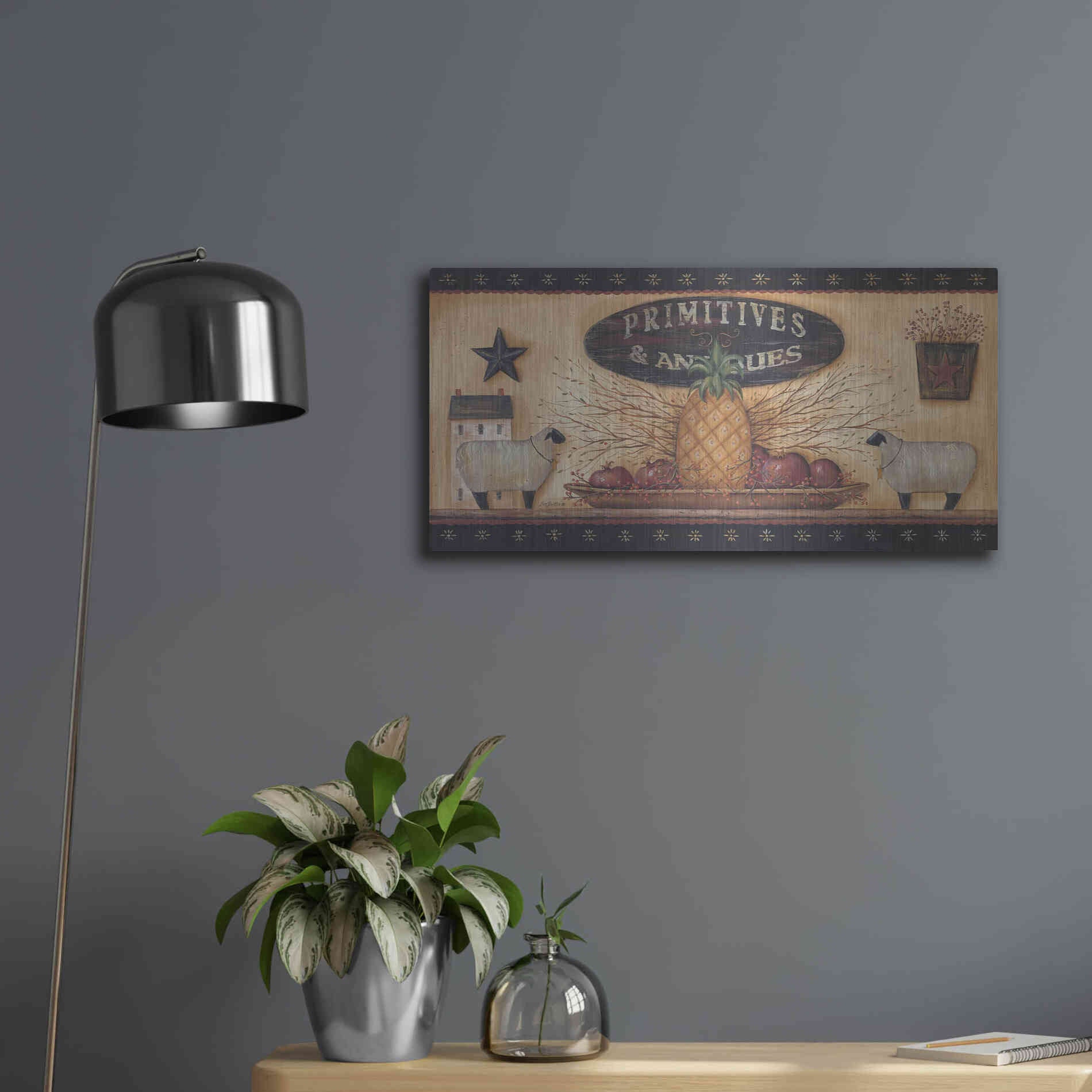 Luxe Metal Art 'Primitives & Antiques Shelf' by Pam Britton, Metal Wall Art,24x12