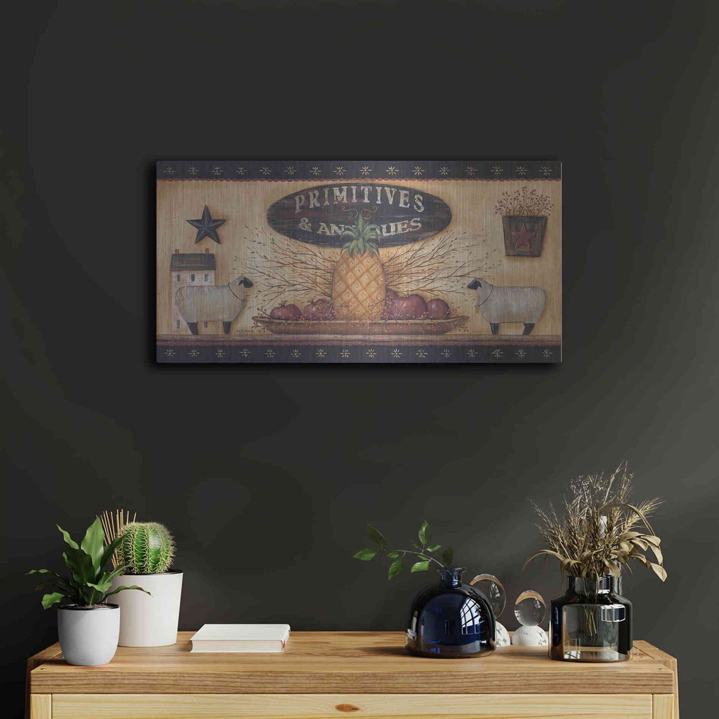 Luxe Metal Art 'Primitives & Antiques Shelf' by Pam Britton, Metal Wall Art,24x12