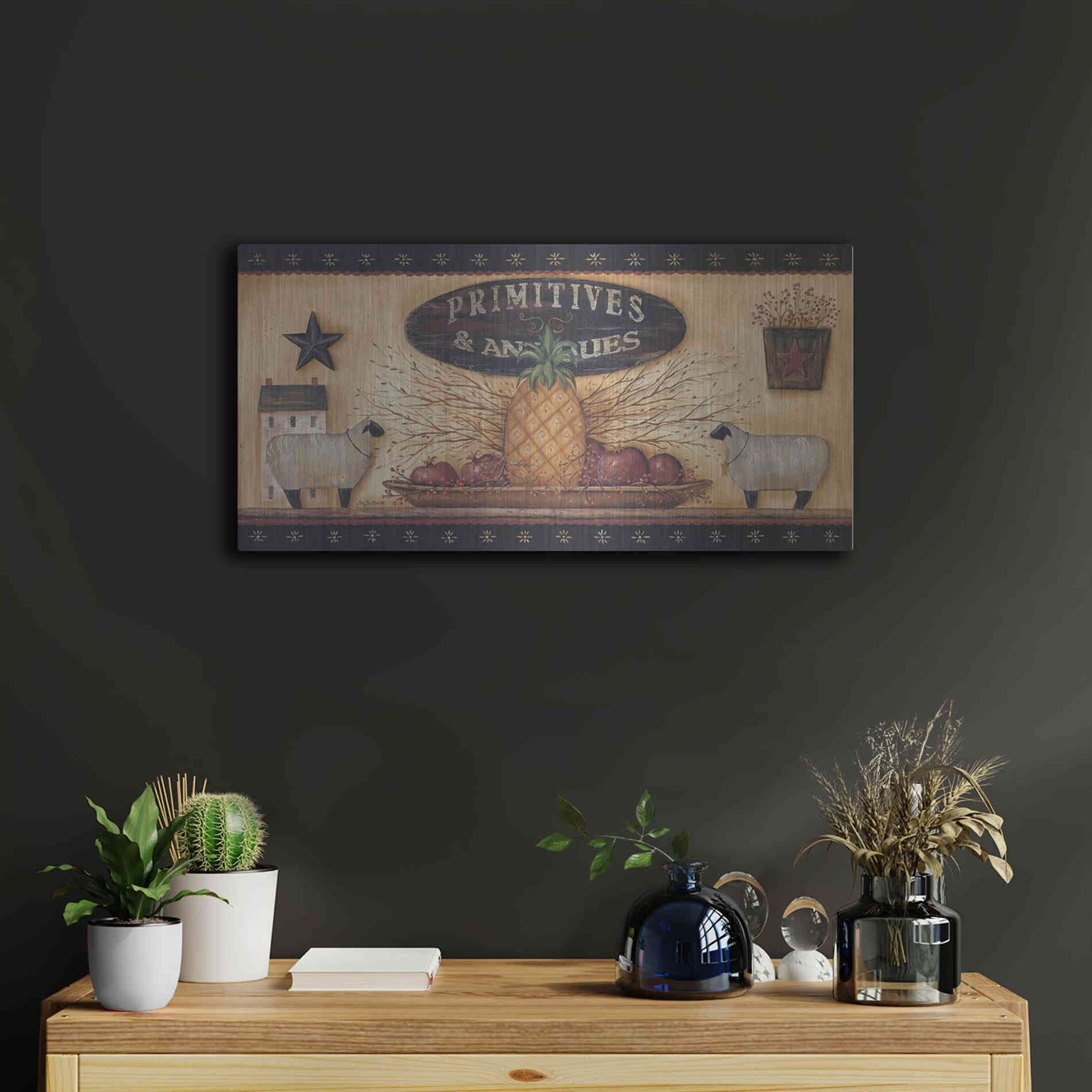Luxe Metal Art 'Primitives & Antiques Shelf' by Pam Britton, Metal Wall Art,24x12