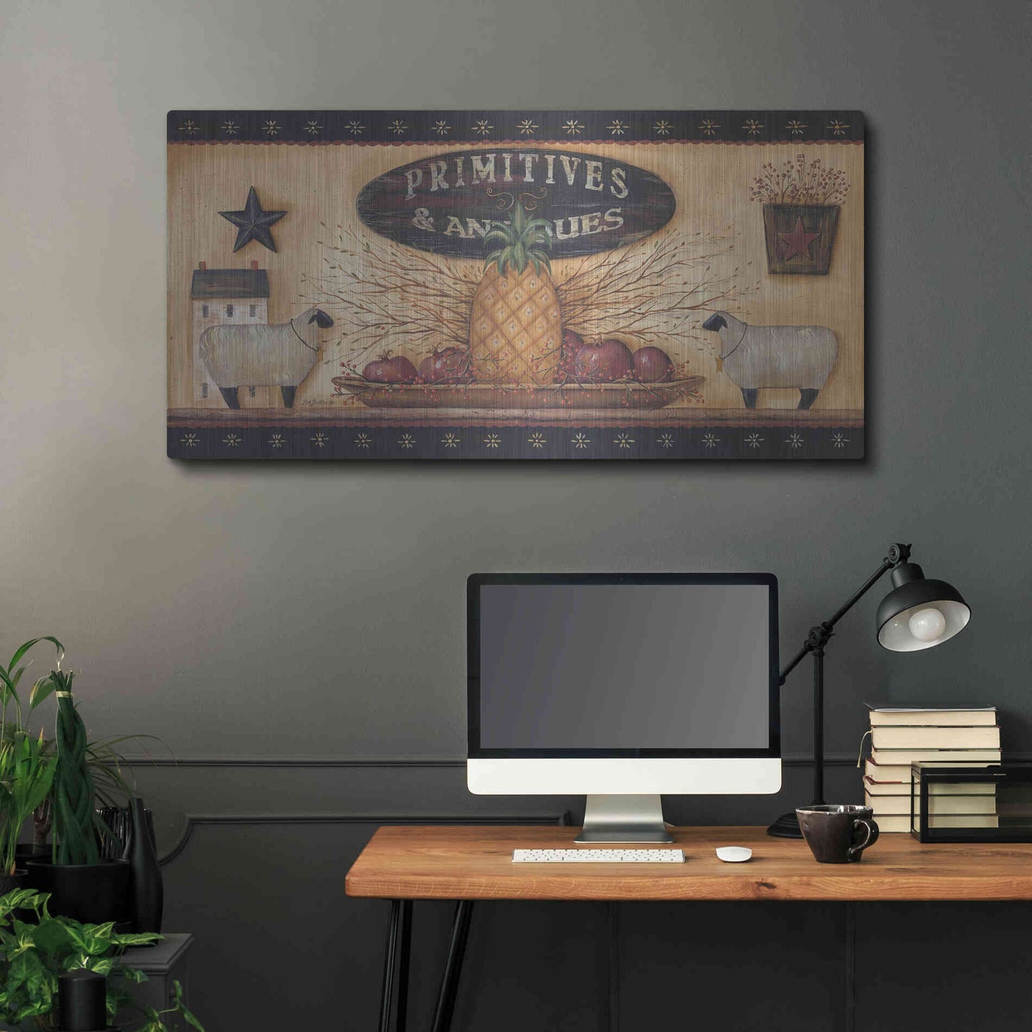Luxe Metal Art 'Primitives & Antiques Shelf' by Pam Britton, Metal Wall Art,48x24