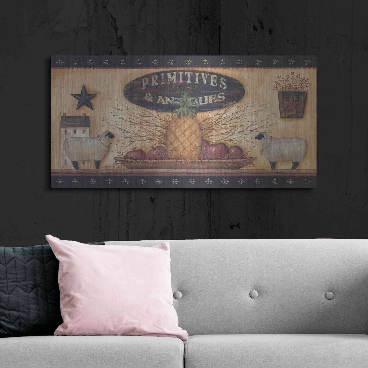 Luxe Metal Art 'Primitives & Antiques Shelf' by Pam Britton, Metal Wall Art,48x24
