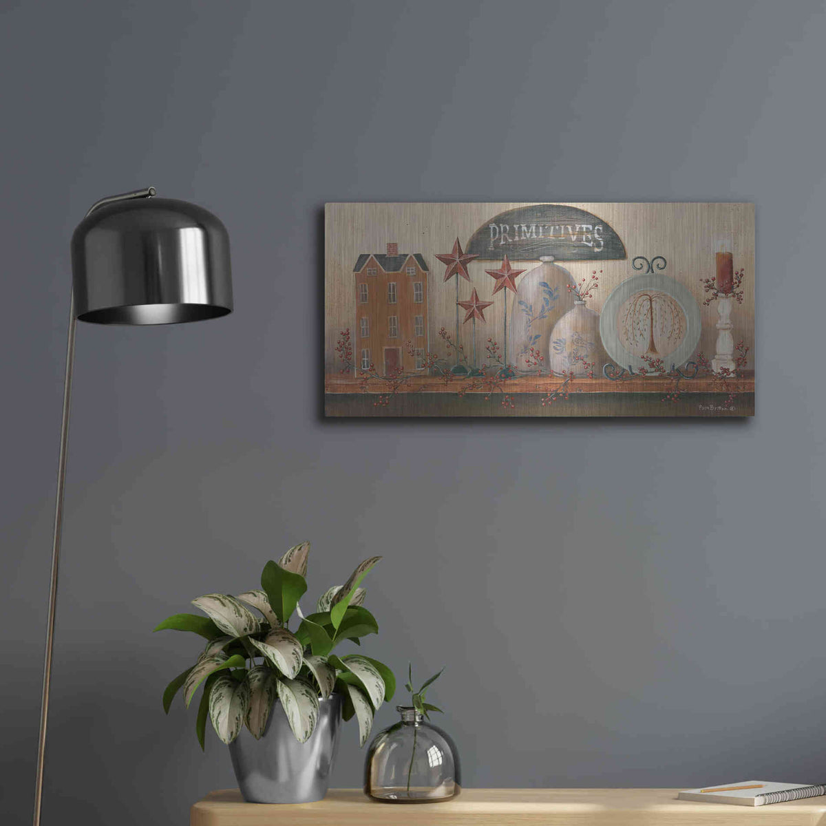 Luxe Metal Art 'Primitive Shelf I' by Pam Britton, Metal Wall Art,24x12