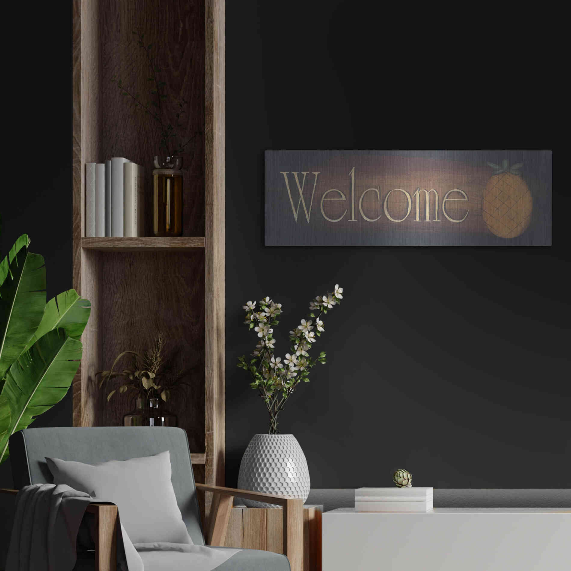 Luxe Metal Art 'Welcome II' by Pam Britton, Metal Wall Art,36x12