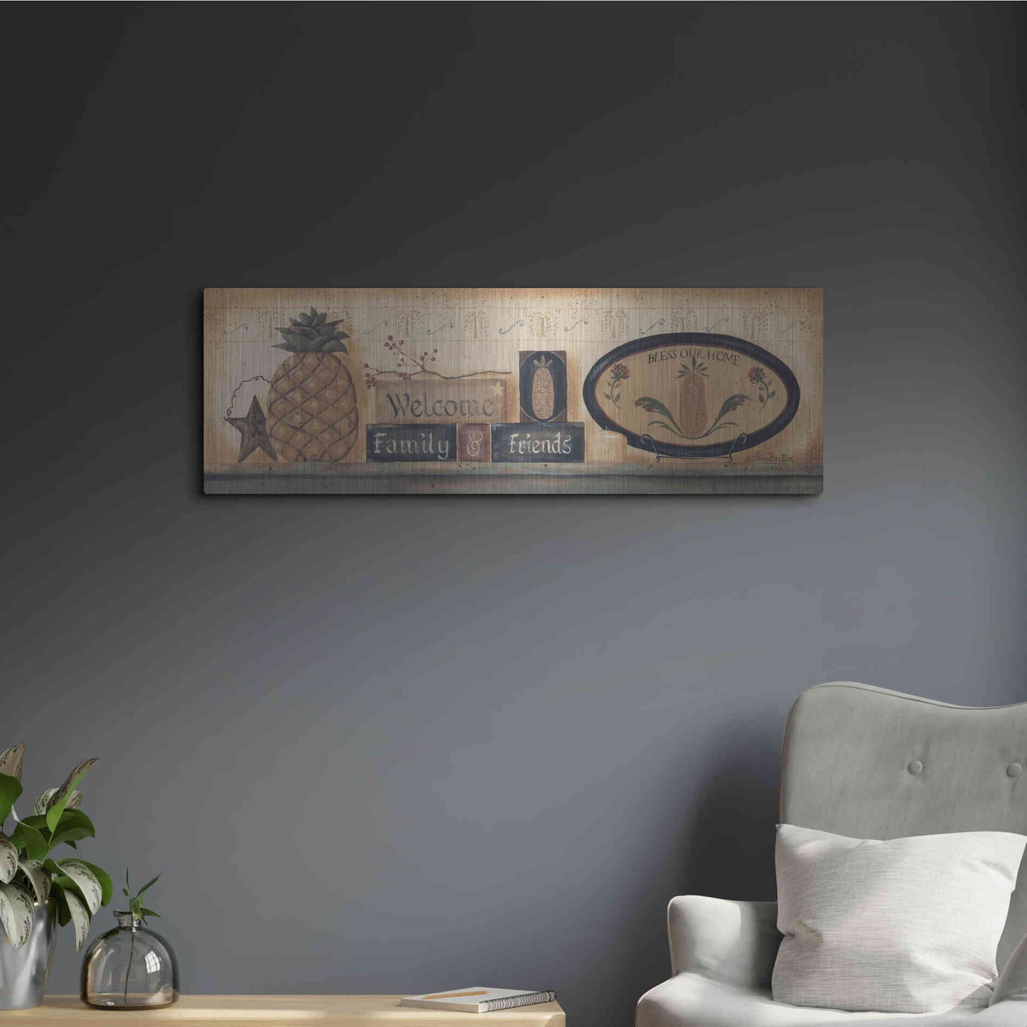Luxe Metal Art 'Welcome Family & Friends' by Pam Britton, Metal Wall Art,36x12