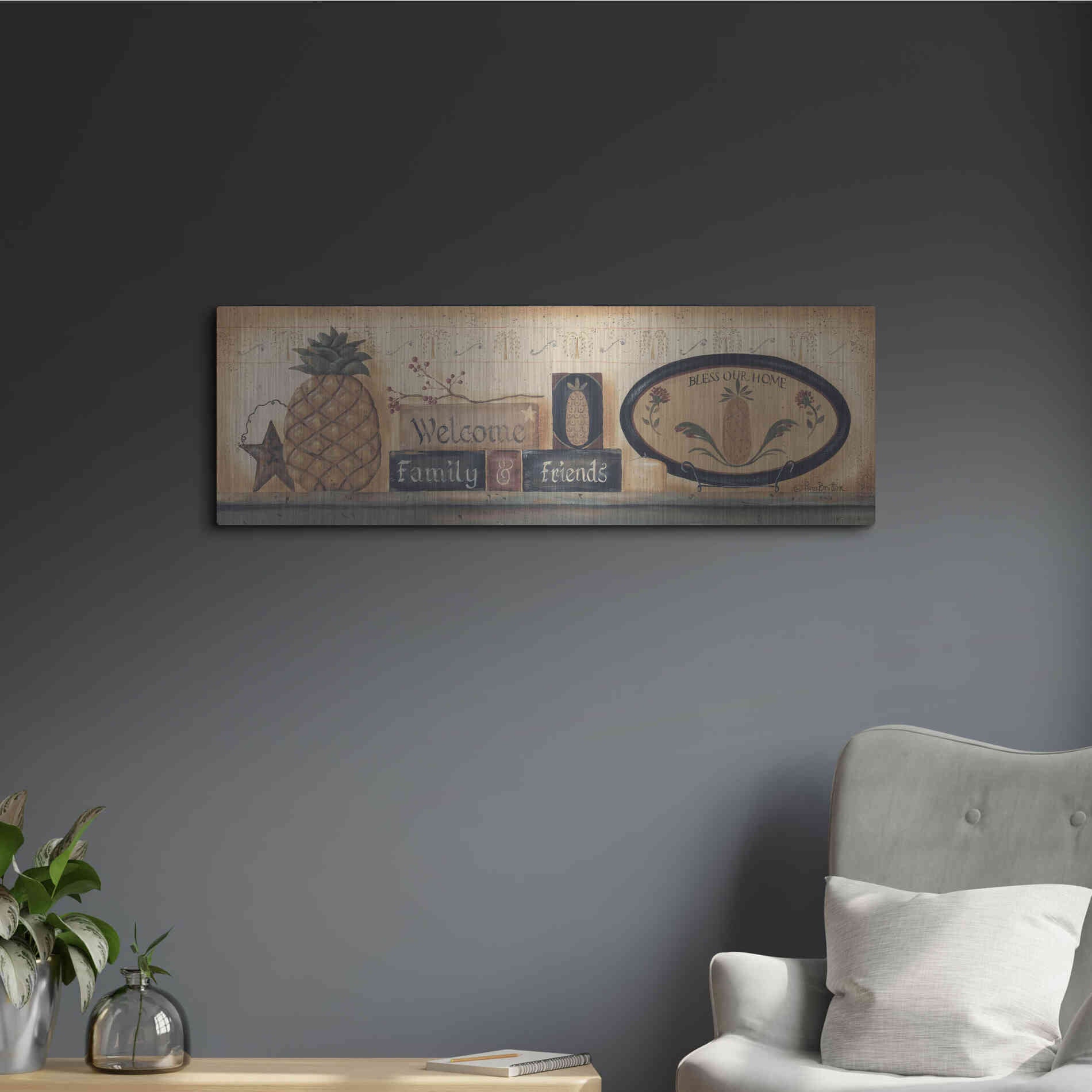 Luxe Metal Art 'Welcome Family & Friends' by Pam Britton, Metal Wall Art,36x12