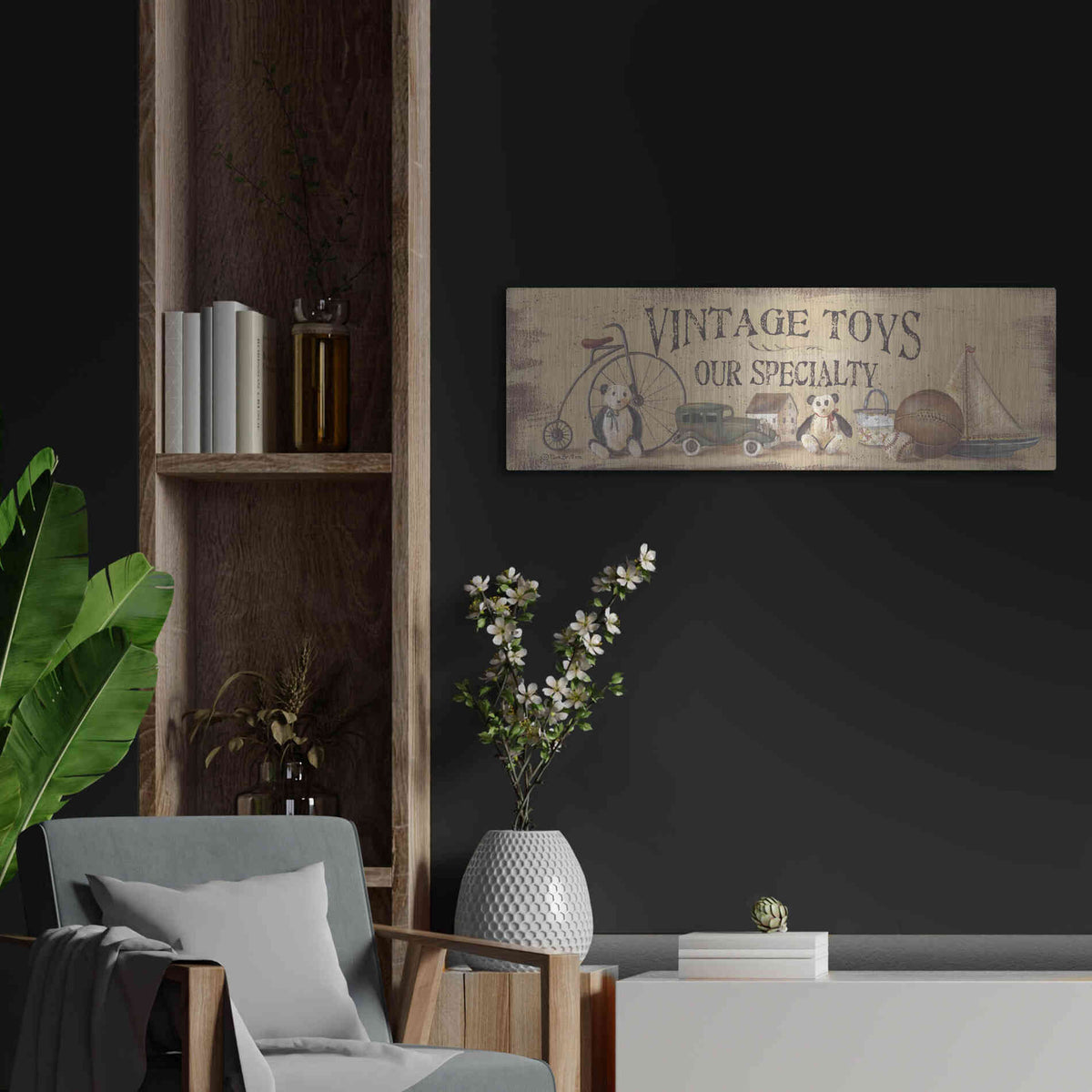 Luxe Metal Art 'Antique Toys' by Pam Britton, Metal Wall Art,36x12