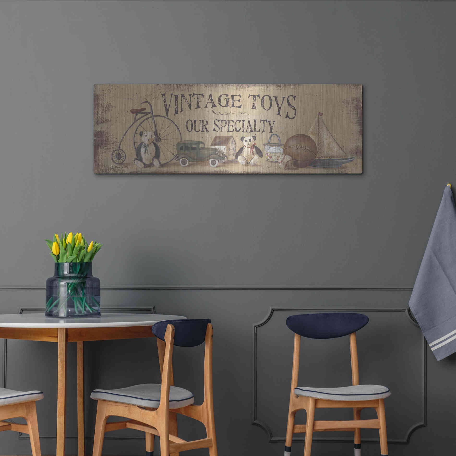 Luxe Metal Art 'Antique Toys' by Pam Britton, Metal Wall Art,48x16