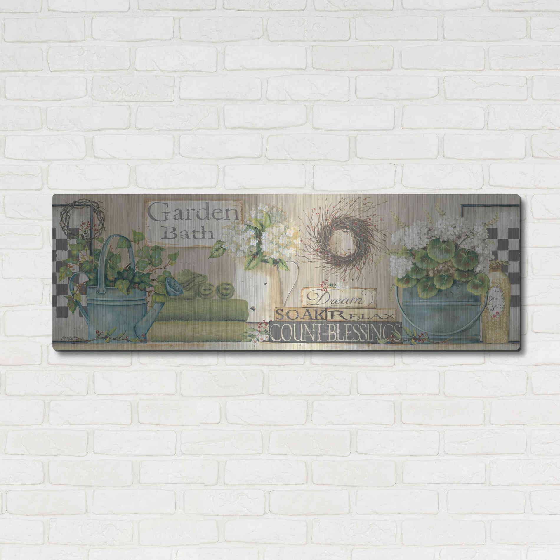 Luxe Metal Art 'Garden Bath, Dream-Soak-Relax' by Pam Britton, Metal Wall Art,48x16