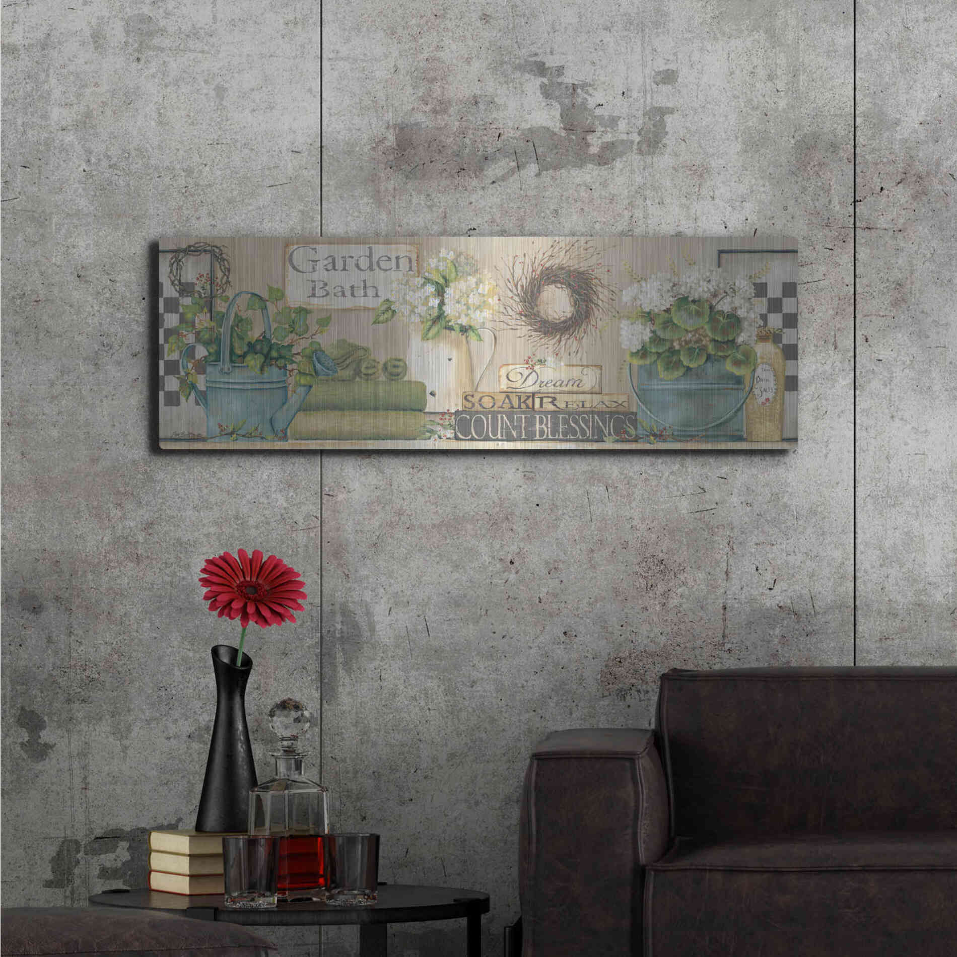 Luxe Metal Art 'Garden Bath, Dream-Soak-Relax' by Pam Britton, Metal Wall Art,48x16