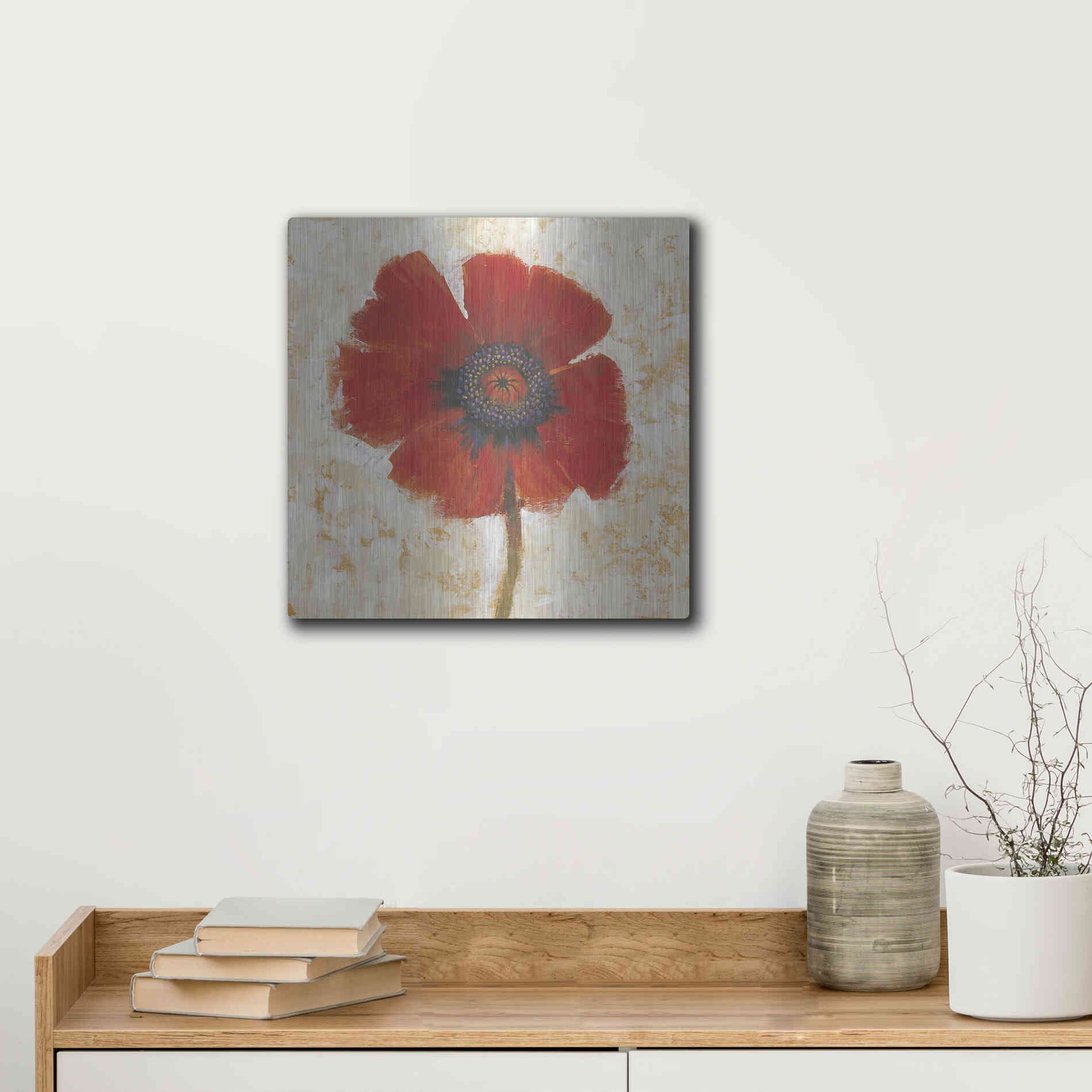 Luxe Metal Art 'Red Poppy Portrait I' by Tim O'Toole, Metal Wall Art,12x12