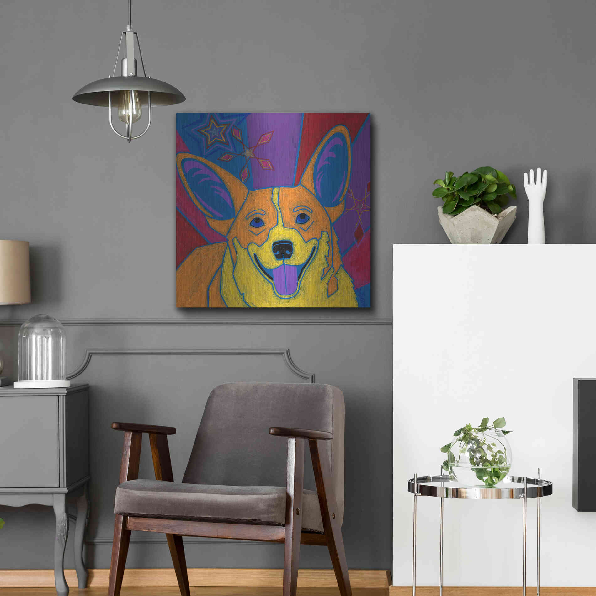 Luxe Metal Art 'Joyful Corgi' by Angela Bond Metal Wall Art,24x24