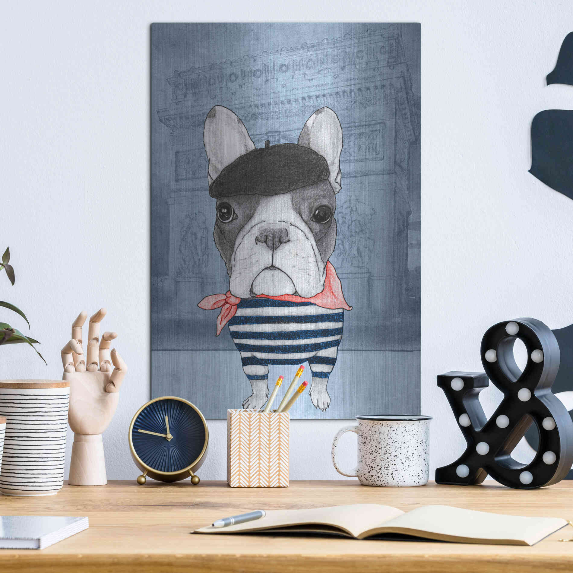 Luxe Metal Art 'French Bulldog with Arc de Triomphe' by Barruf Metal Wall Art,12x16