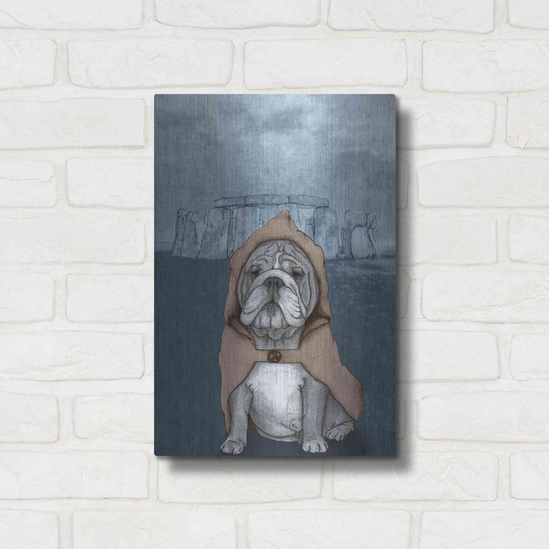 Luxe Metal Art 'English Bulldog with Stonehenge' by Barruf Metal Wall Art,12x16