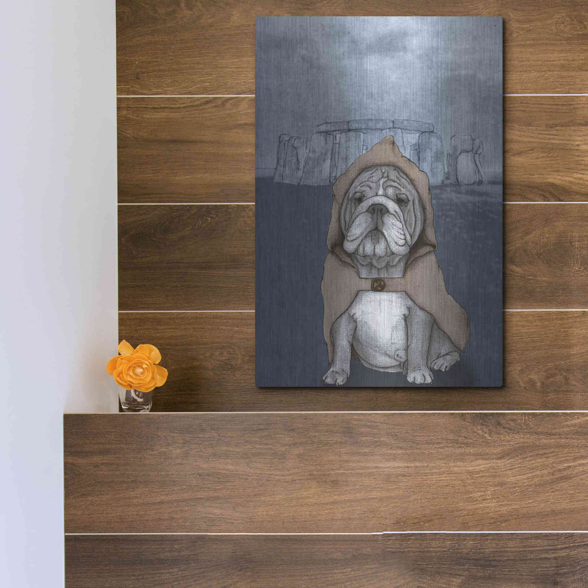 Luxe Metal Art 'English Bulldog with Stonehenge' by Barruf Metal Wall Art,12x16