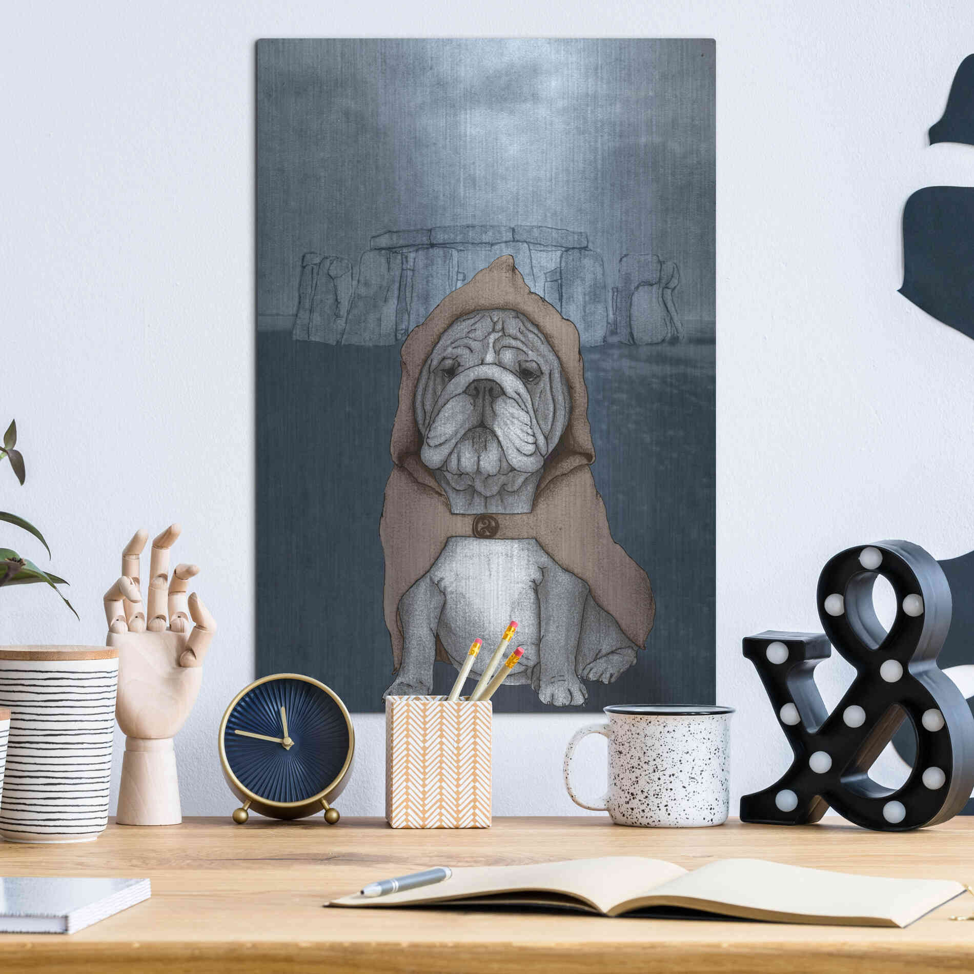 Luxe Metal Art 'English Bulldog with Stonehenge' by Barruf Metal Wall Art,12x16