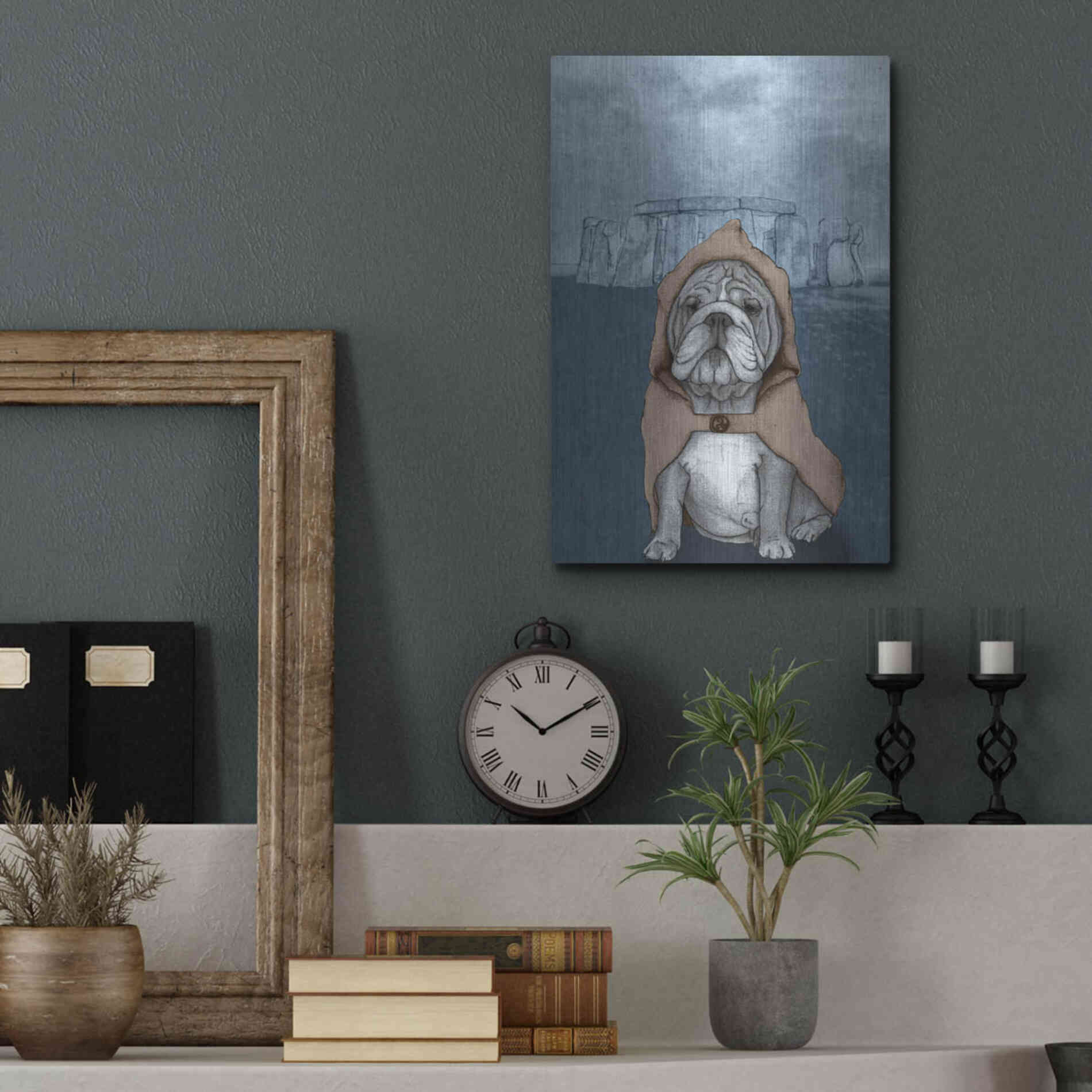 Luxe Metal Art 'English Bulldog with Stonehenge' by Barruf Metal Wall Art,12x16