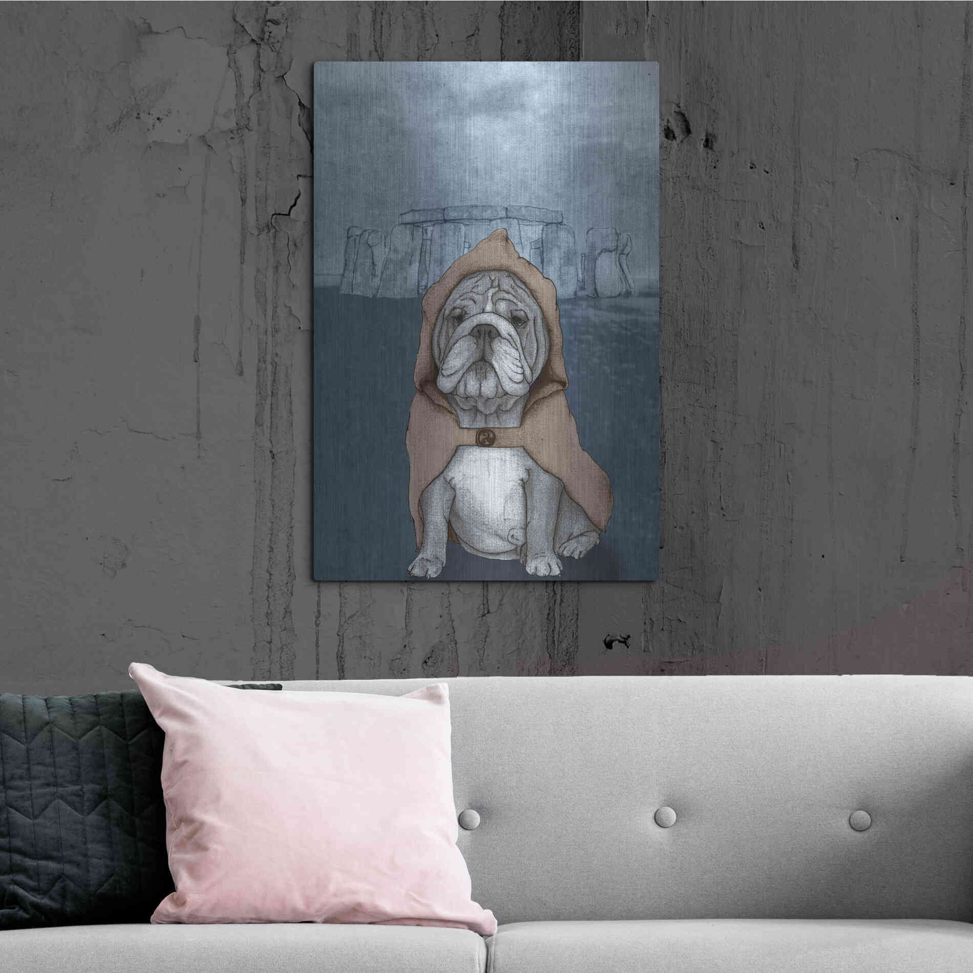 Luxe Metal Art 'English Bulldog with Stonehenge' by Barruf Metal Wall Art,24x36