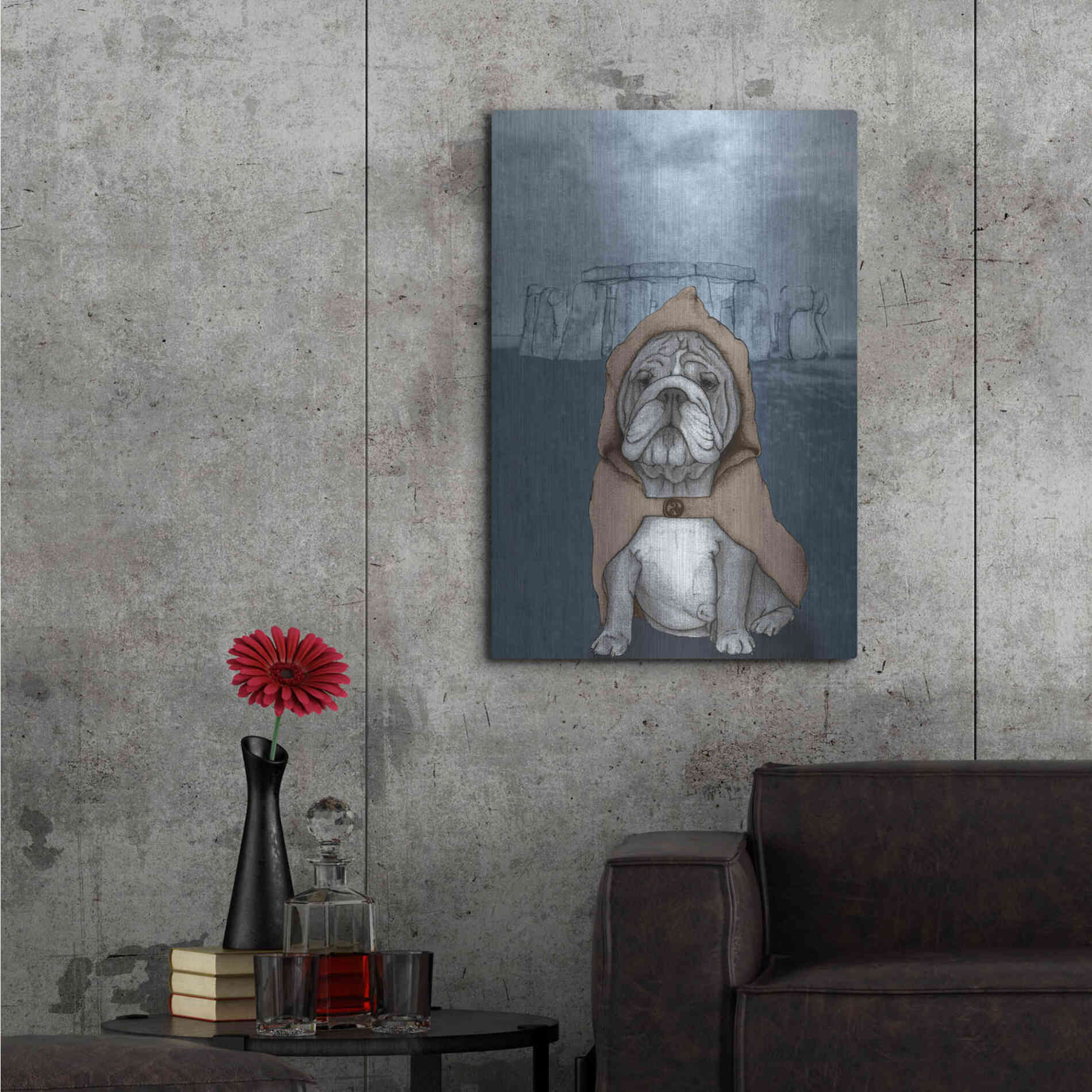 Luxe Metal Art 'English Bulldog with Stonehenge' by Barruf Metal Wall Art,24x36