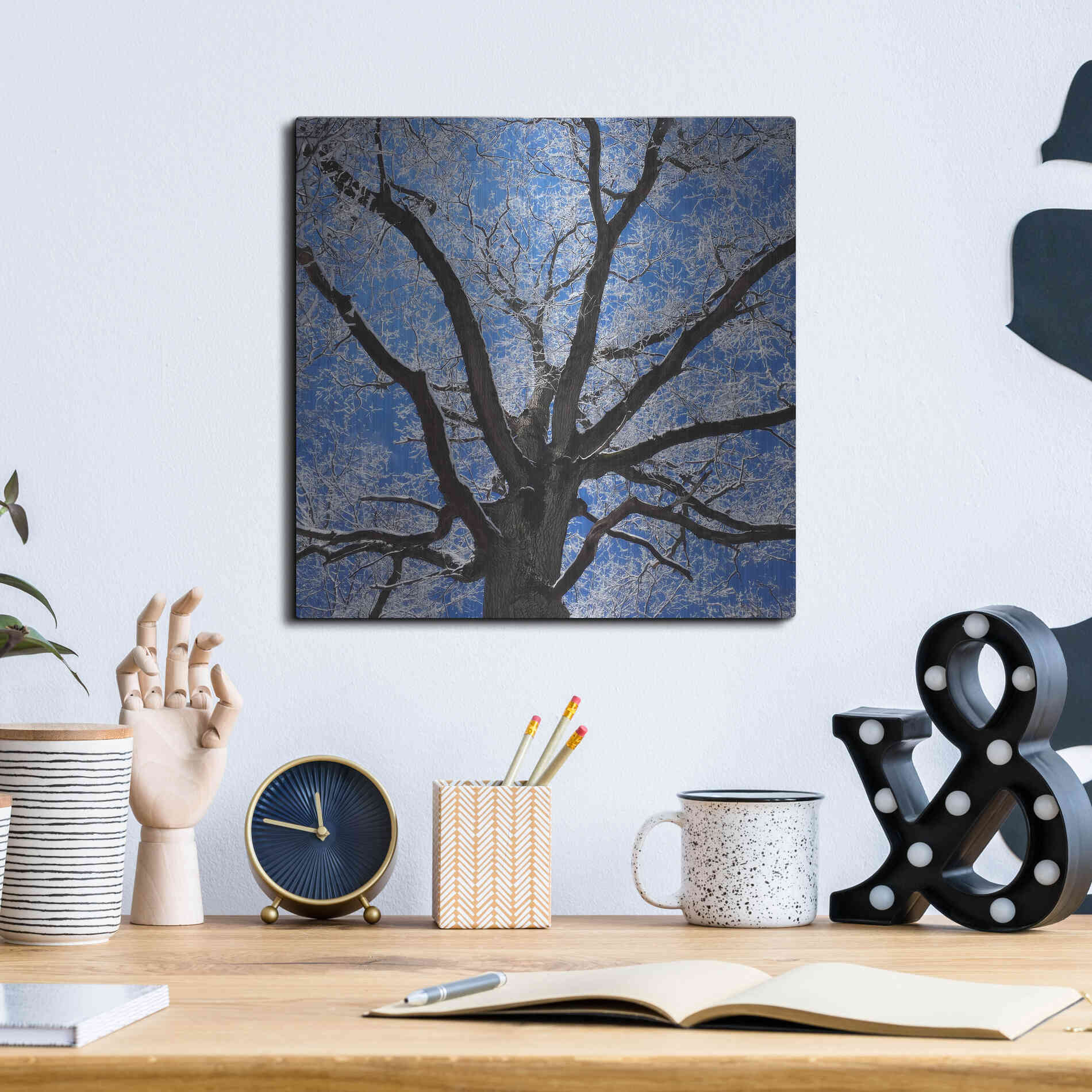 Luxe Metal Art 'Snow Covered Tree' by Jan Bell Metal Wall Art,12x12