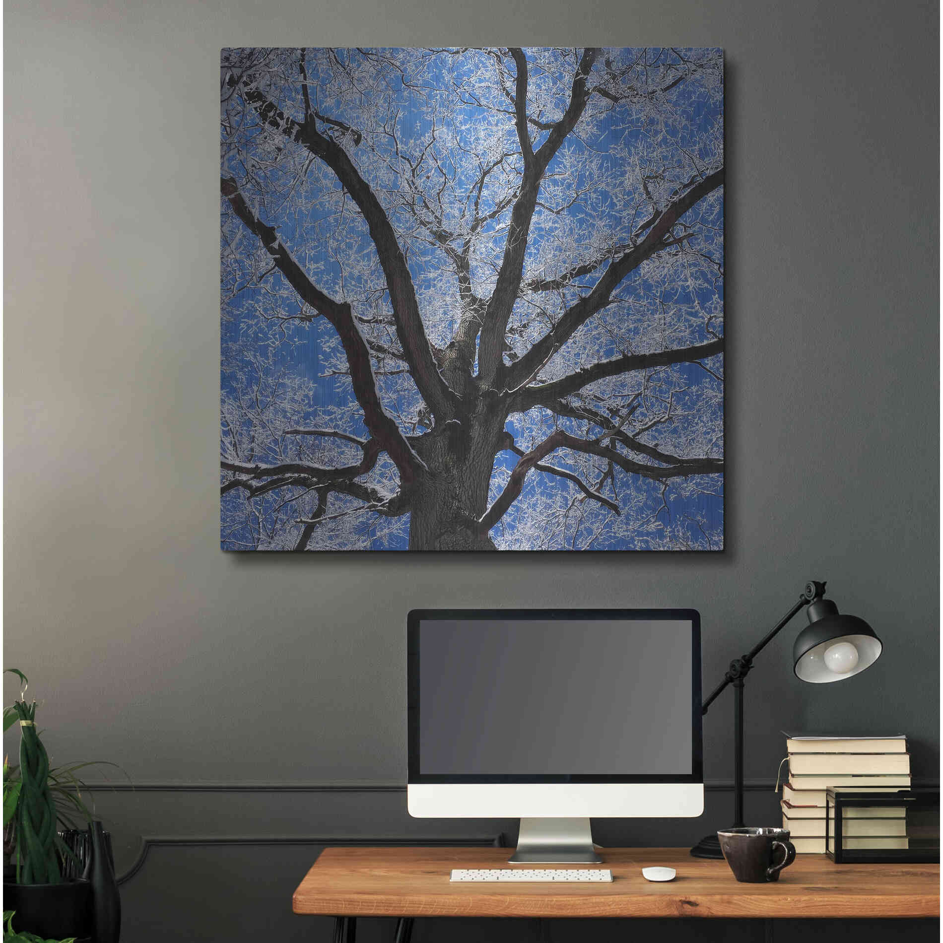 Luxe Metal Art 'Snow Covered Tree' by Jan Bell Metal Wall Art,36x36