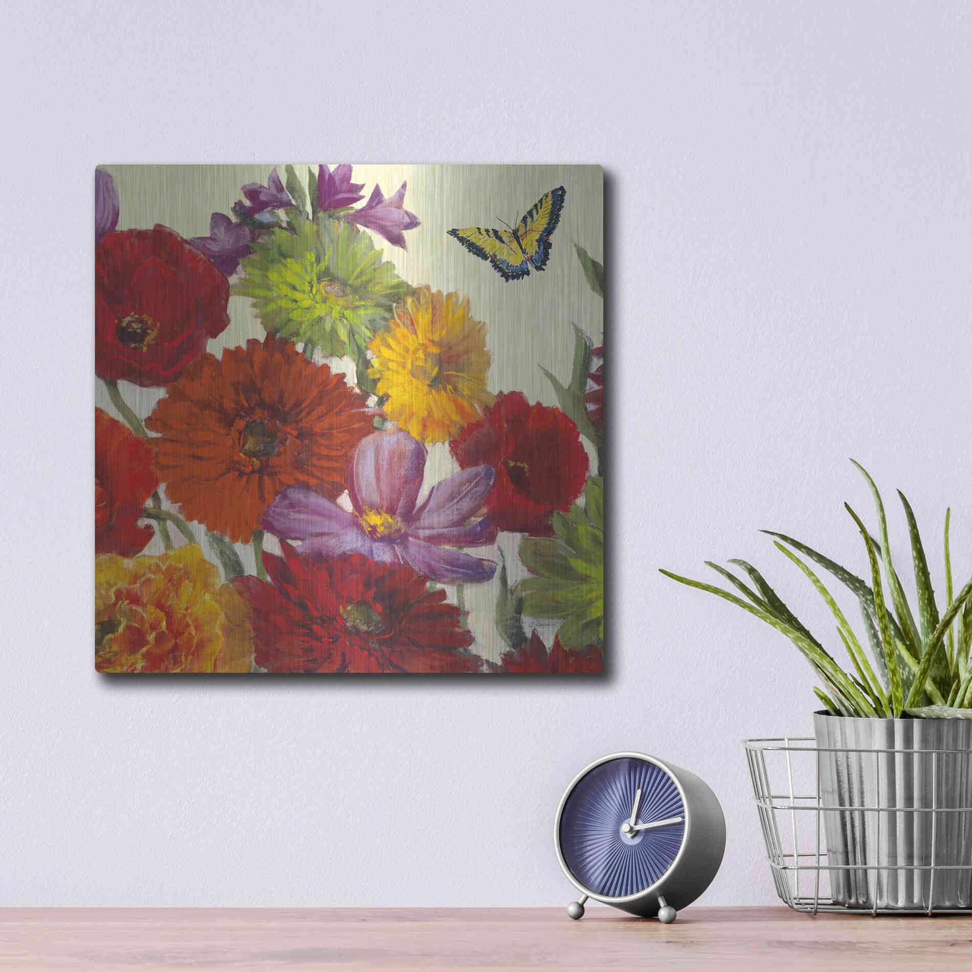 Luxe Metal Art 'Butterfly Flower Scatter II' by Carol Rowan, Metal Wall Art,12x12