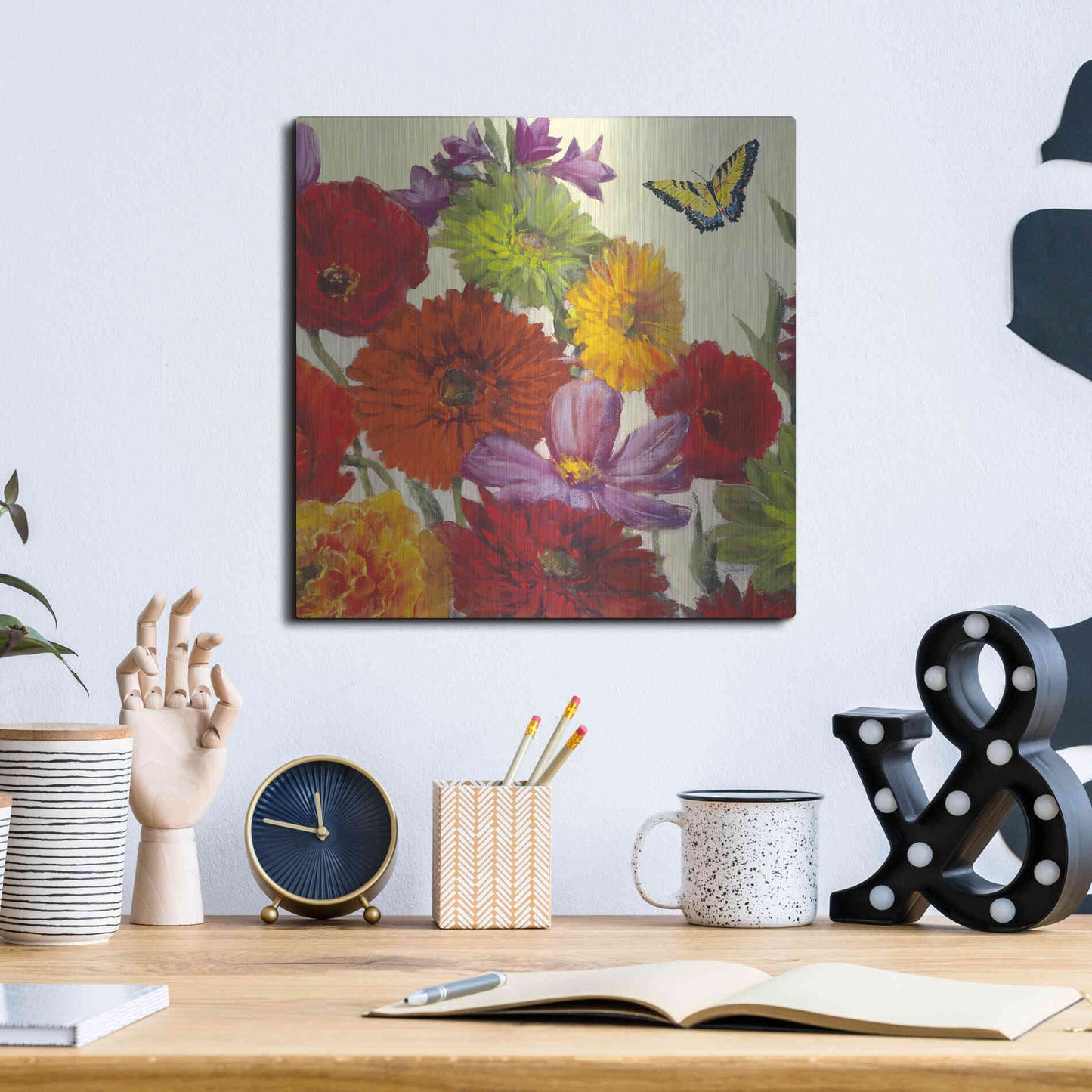 Luxe Metal Art 'Butterfly Flower Scatter II' by Carol Rowan, Metal Wall Art,12x12