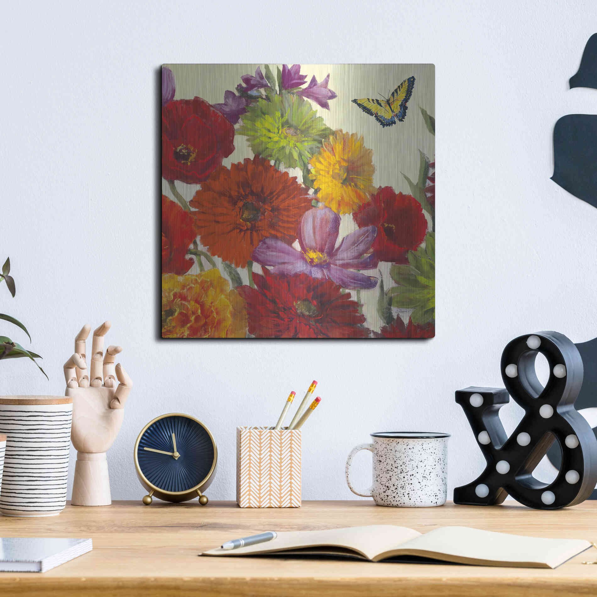 Luxe Metal Art 'Butterfly Flower Scatter II' by Carol Rowan, Metal Wall Art,12x12