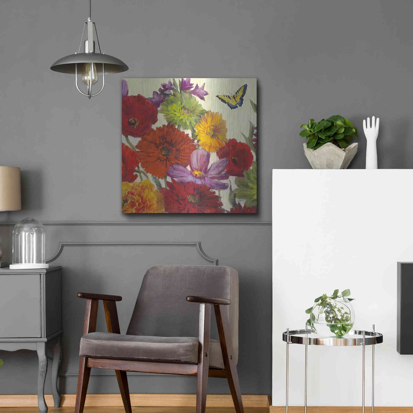 Luxe Metal Art 'Butterfly Flower Scatter II' by Carol Rowan, Metal Wall Art,24x24