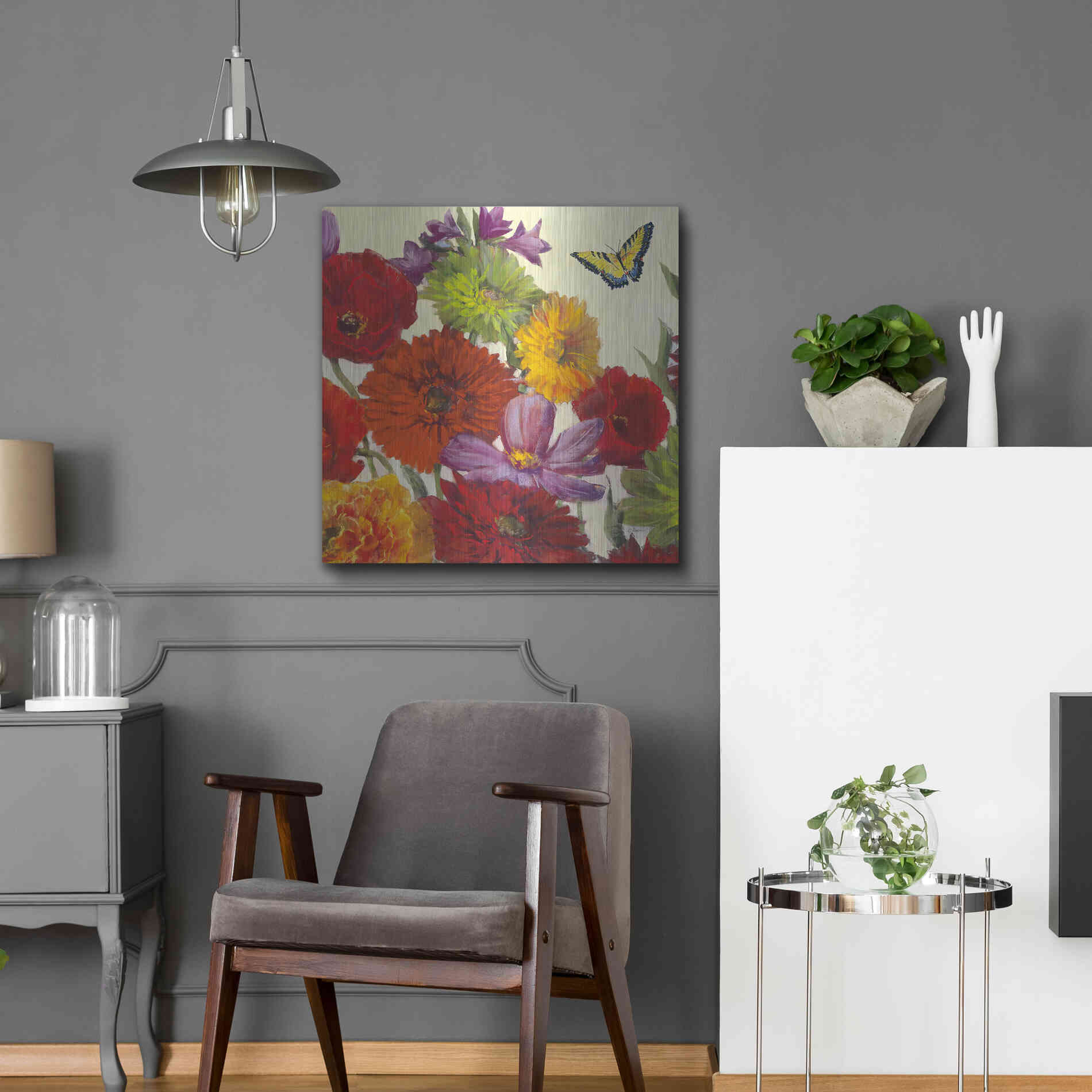 Luxe Metal Art 'Butterfly Flower Scatter II' by Carol Rowan, Metal Wall Art,24x24