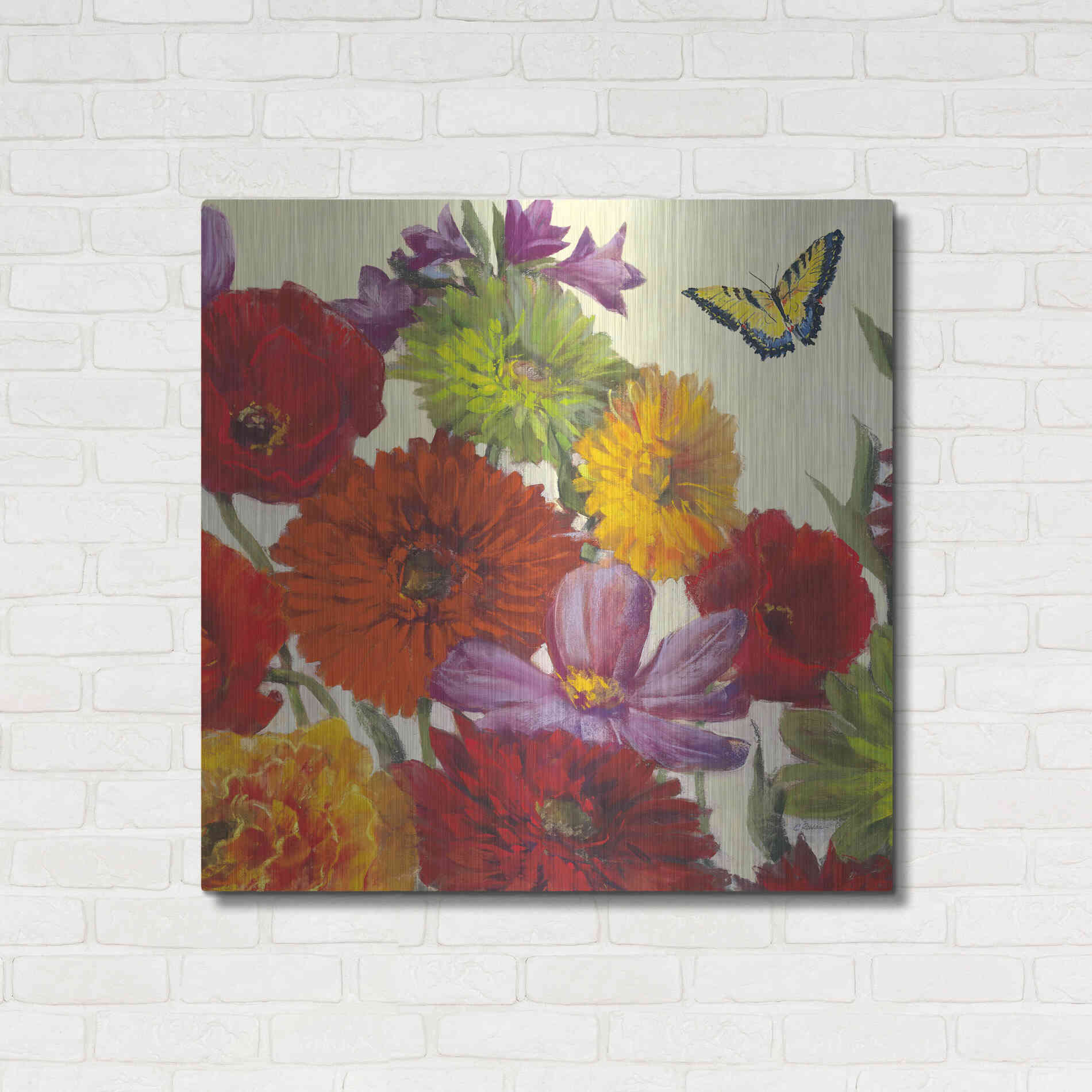 Luxe Metal Art 'Butterfly Flower Scatter II' by Carol Rowan, Metal Wall Art,36x36